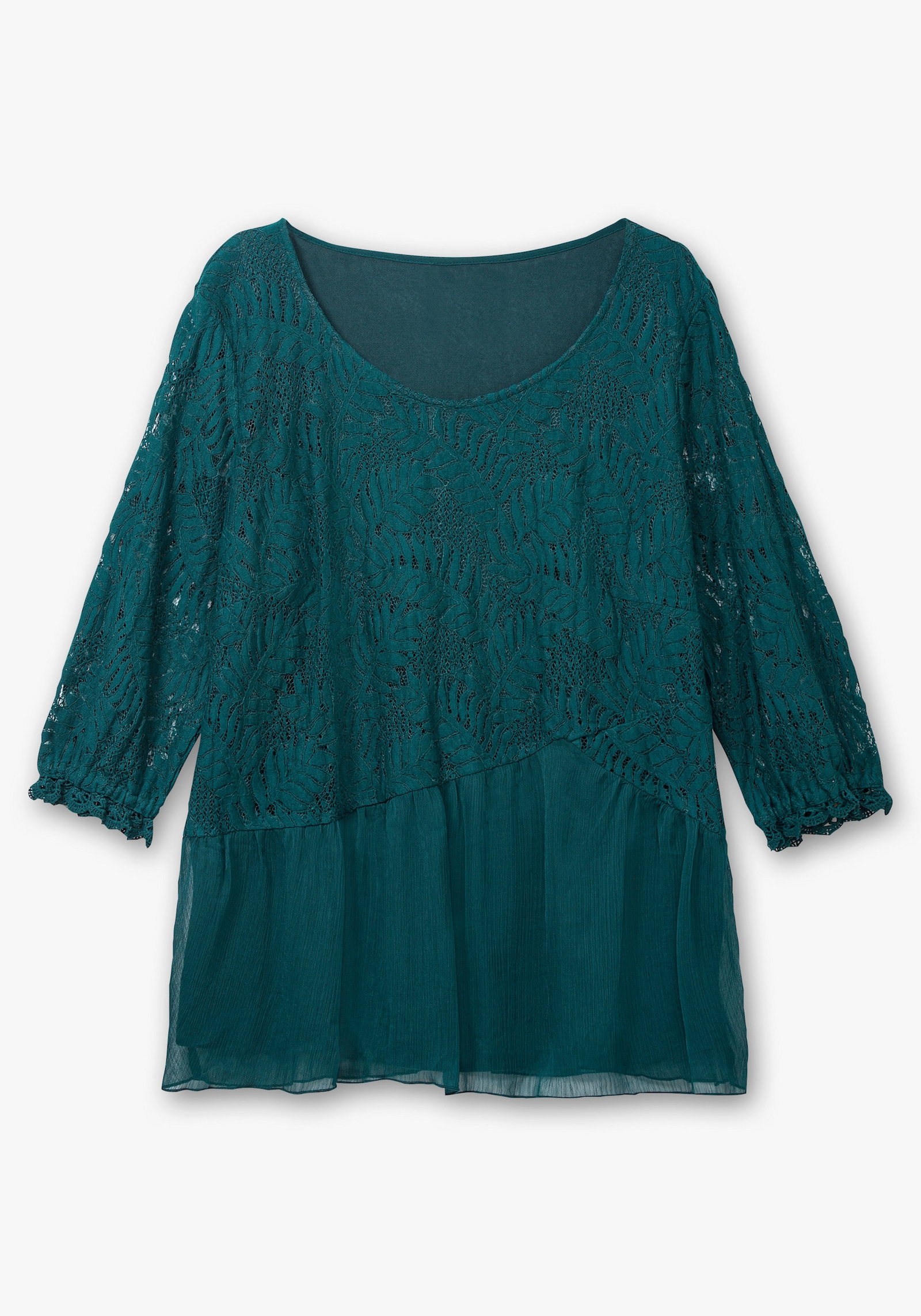 Chiffonbluse mit Baumwoll-Spitze - petrol