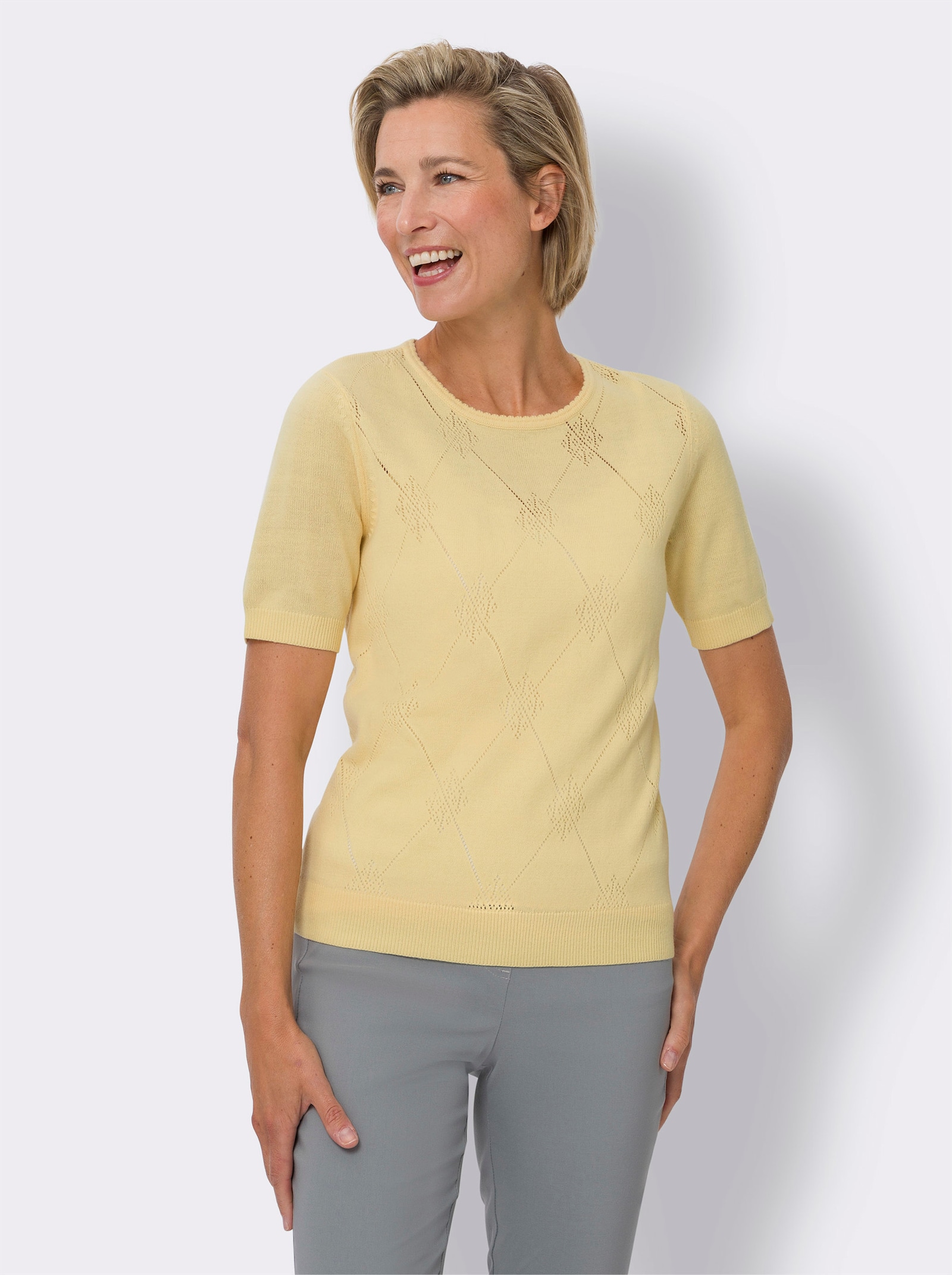 Ajourpullover mit kurzen Ärmeln - vanille