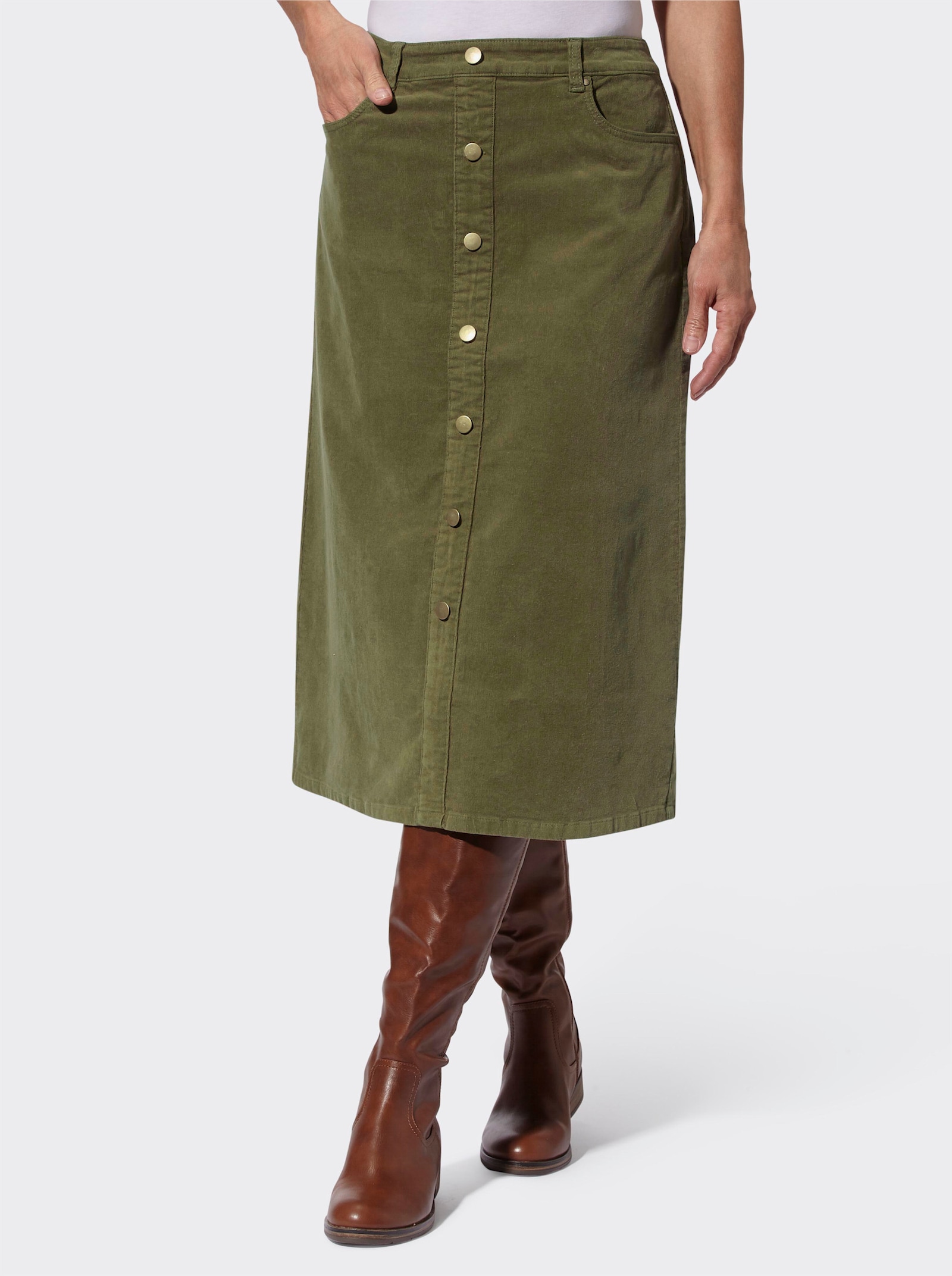 Kordová sukně s ozdobnou knoflíkovou lištou - olivová