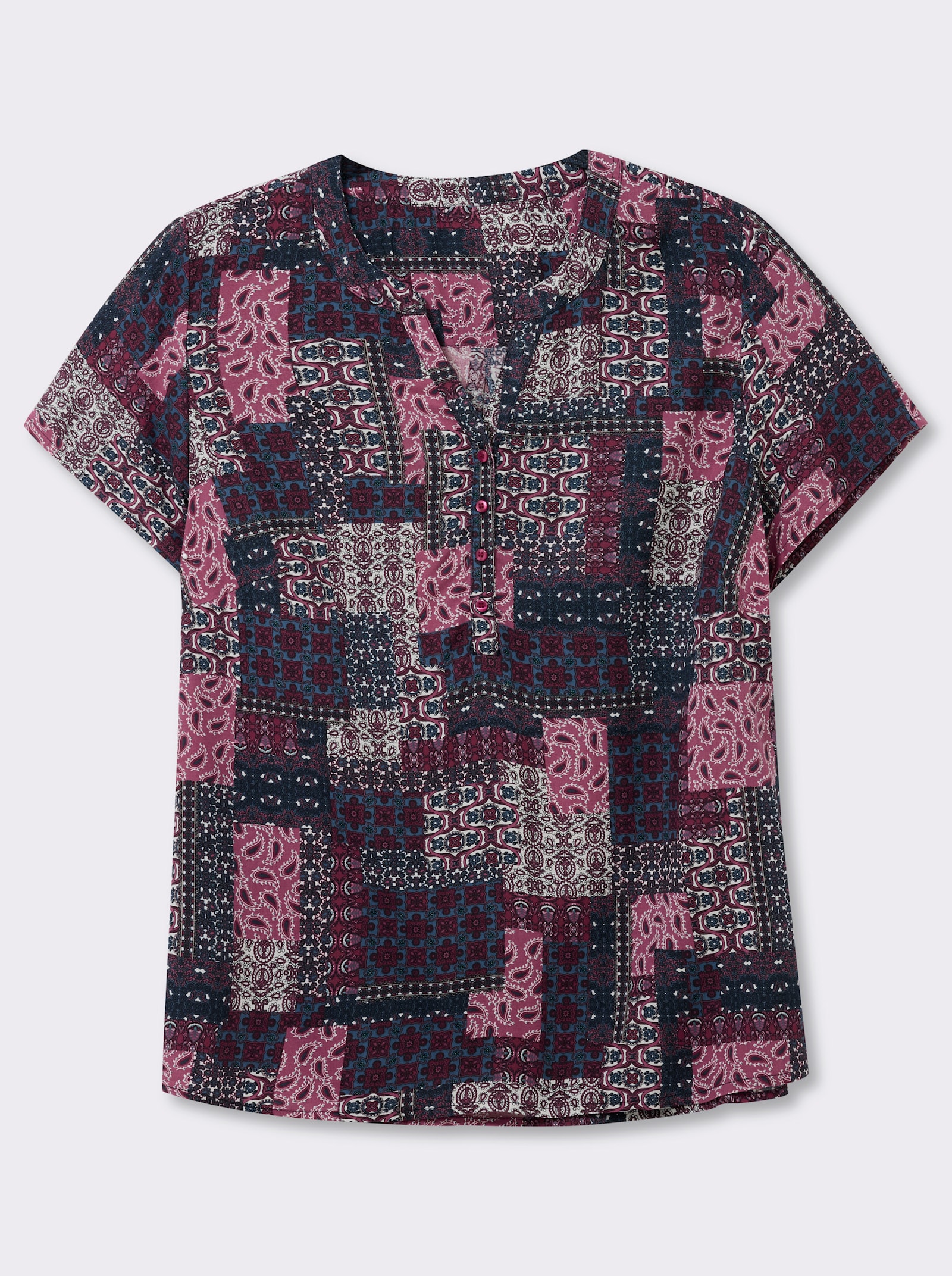 Kurzarmbluse mit Patchwork-Druck - erika-jeansblau-bedruckt