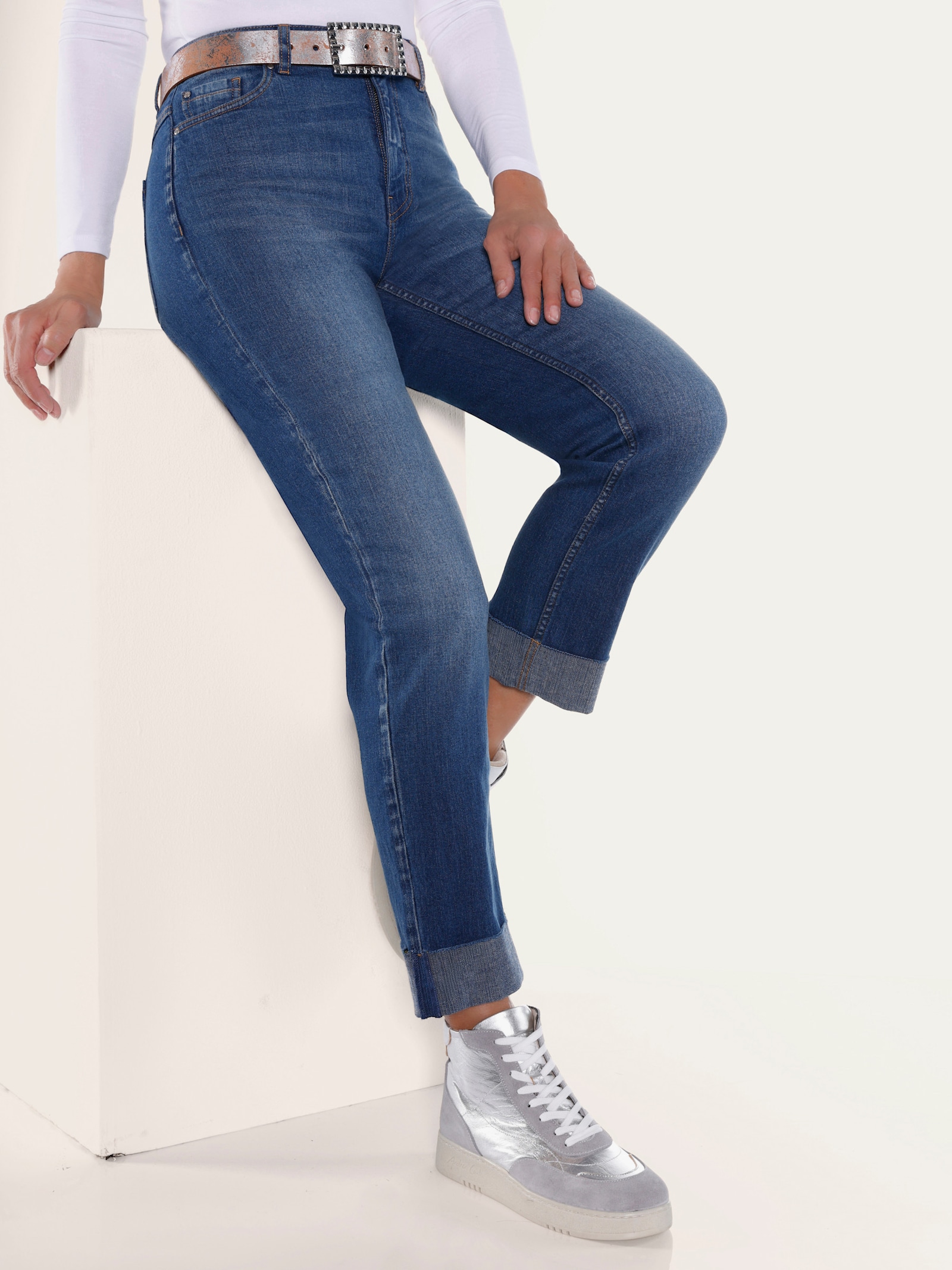 heine 5-Pocket-Jeans mit Beinaufschlag - blue-stone-washed