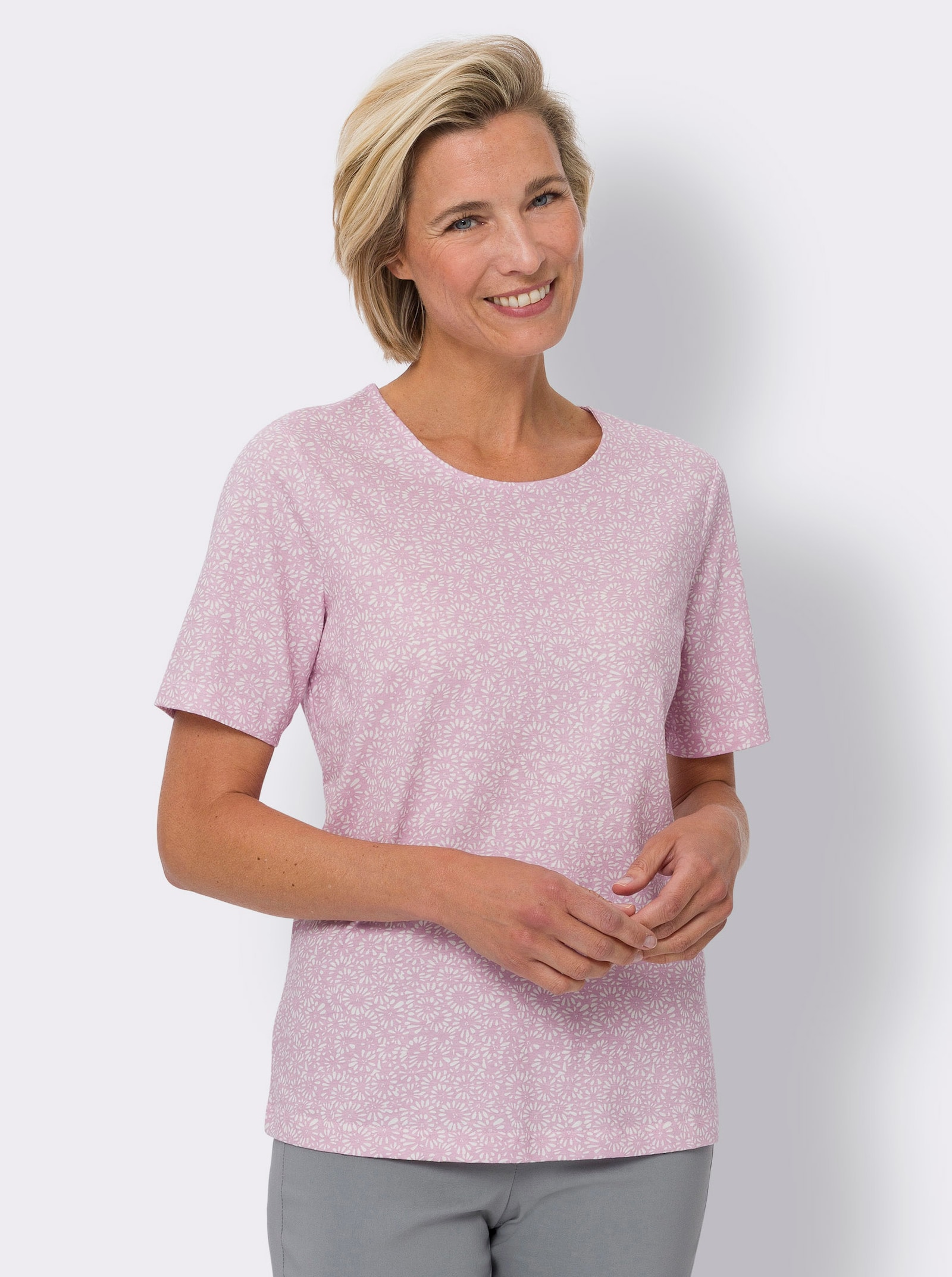 Tričko, krátke rukávy, min. kvet. vzor - svetlobéžovo-ružová potlač