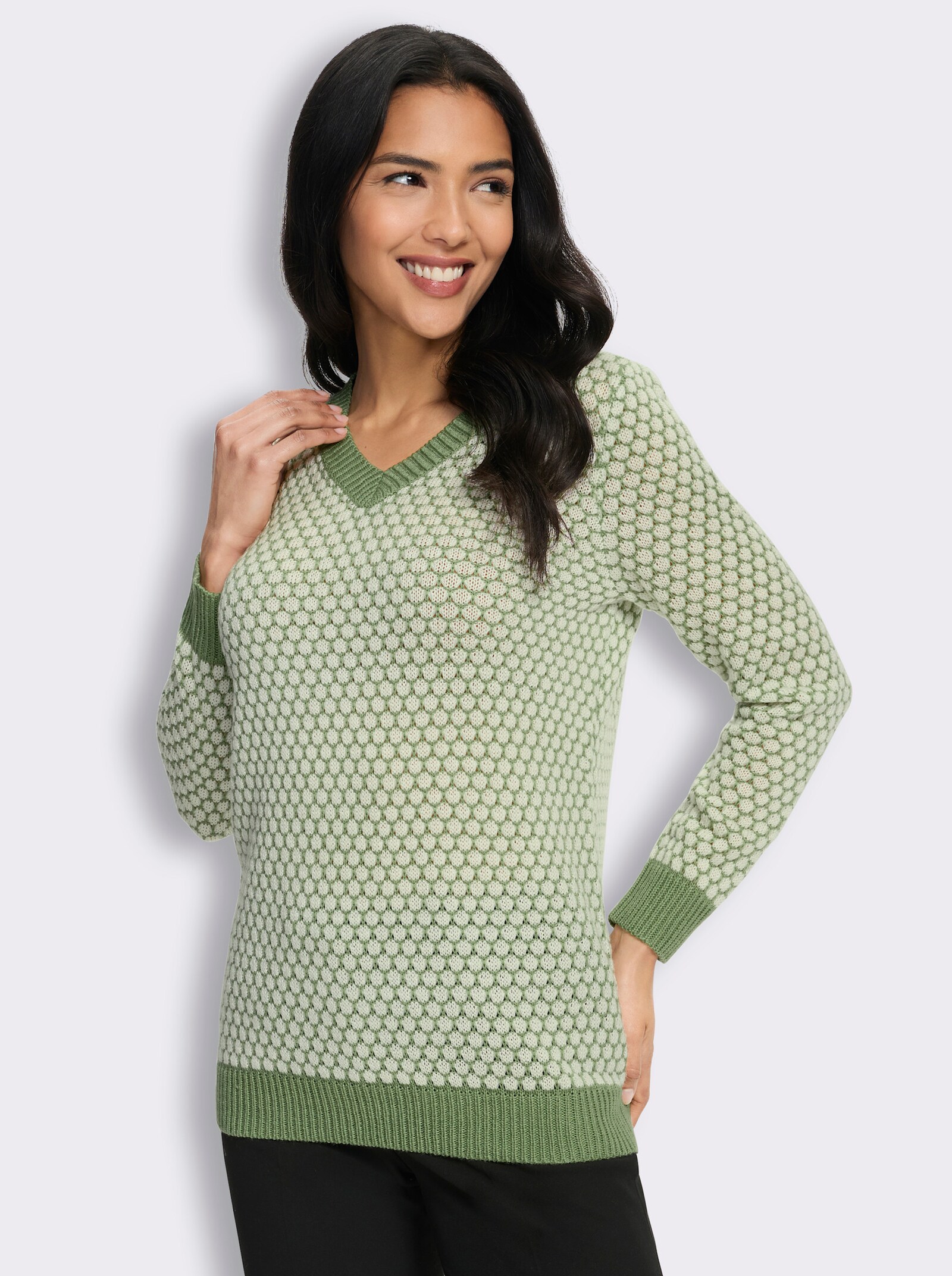 Langarm-Pullover im attraktiven Strickmuster - eucalyptus-ecru-gemustert