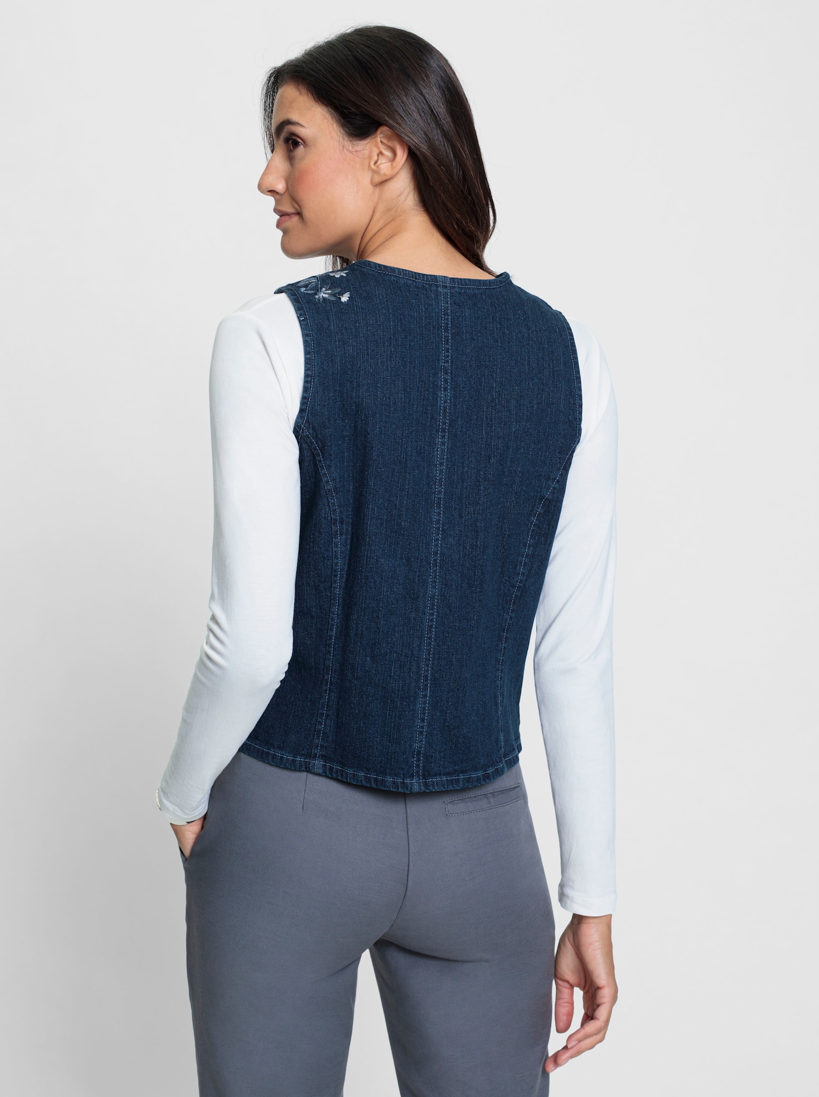 Jeansweste mit Blütenstickerei - blue-stone-washed