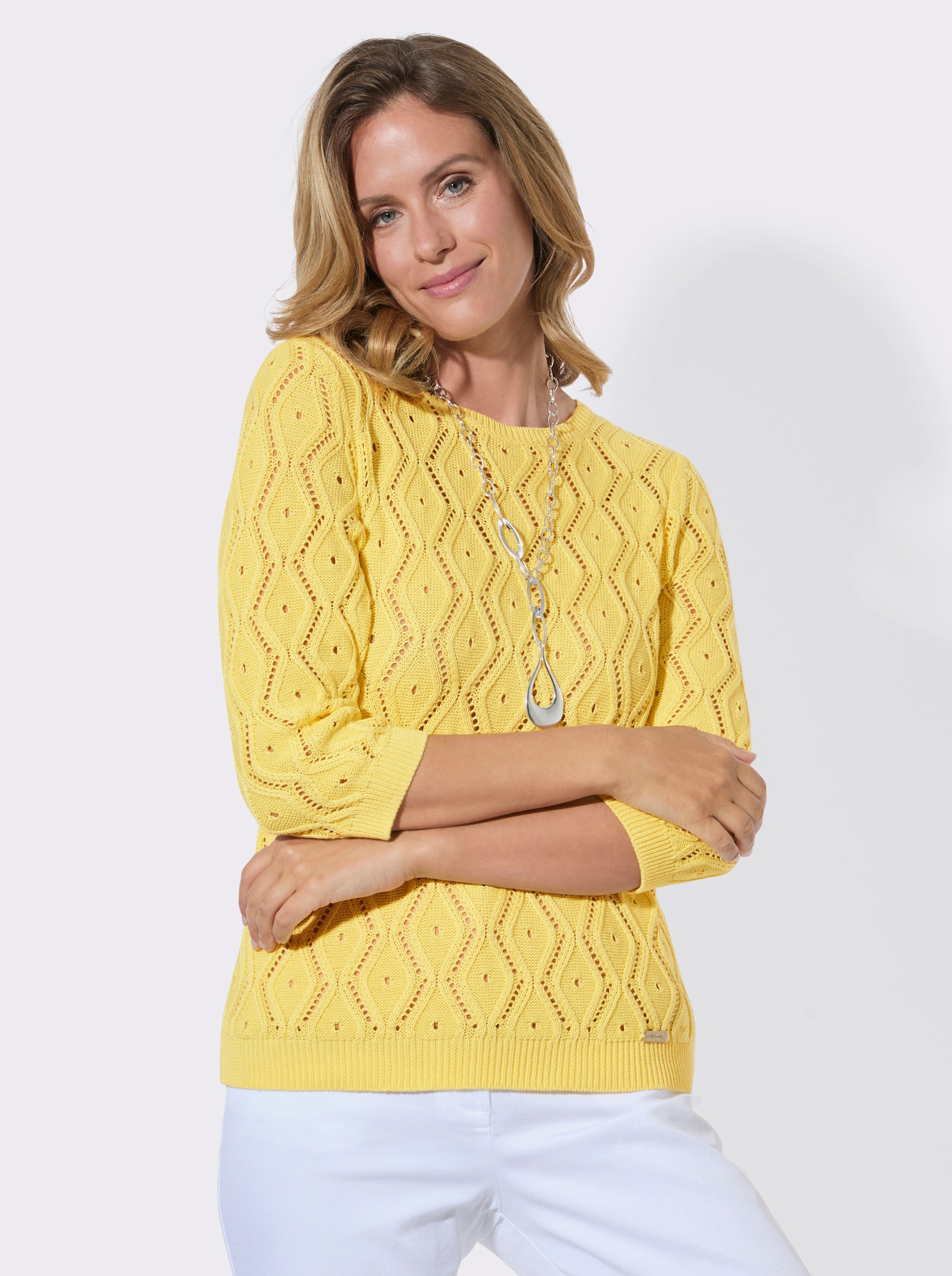 Ajourpullover mit Rippabschlüssen - zitrone
