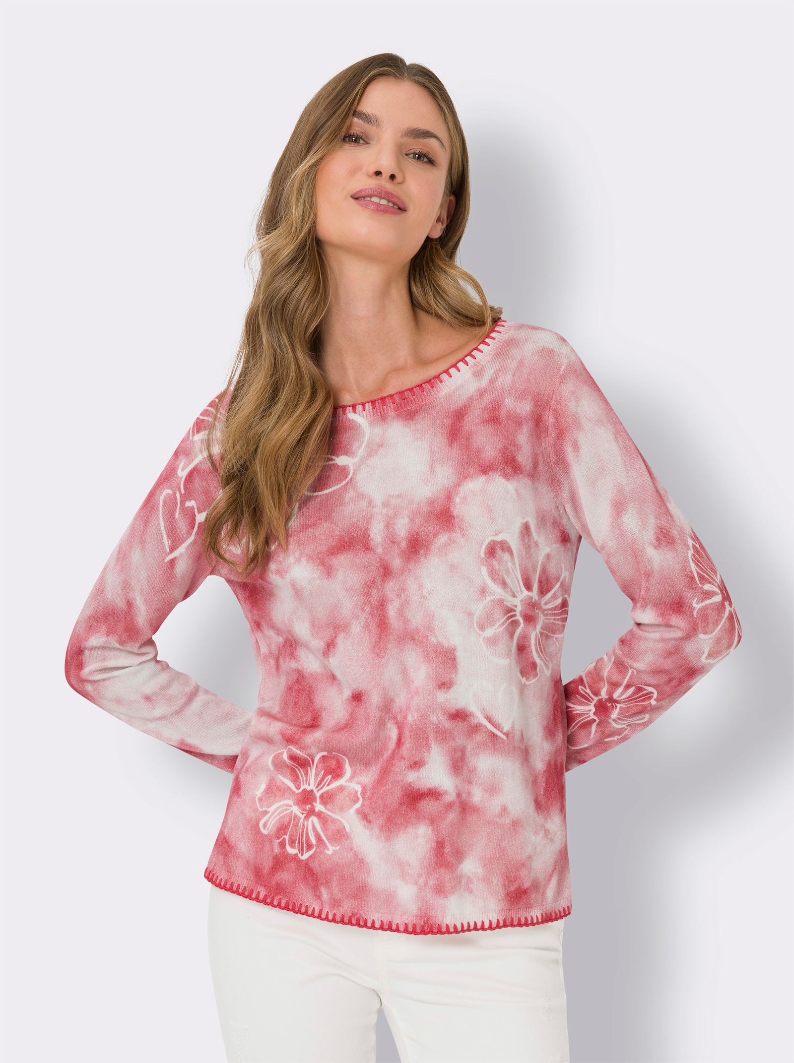 heine Feinstrickpullover mit Batik- und Blütenprint - flamingo-hellrosé-bedruckt