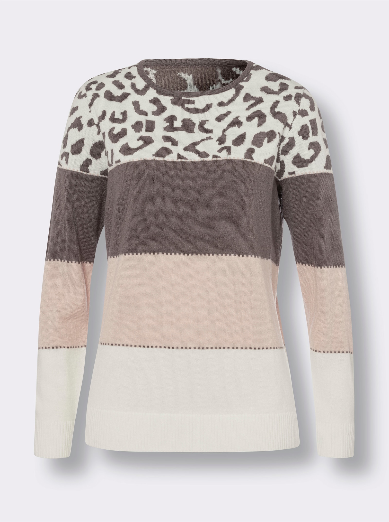 Pullover met ronde hals en luipaardmotief - ecru/donkertaupe gedessineerd