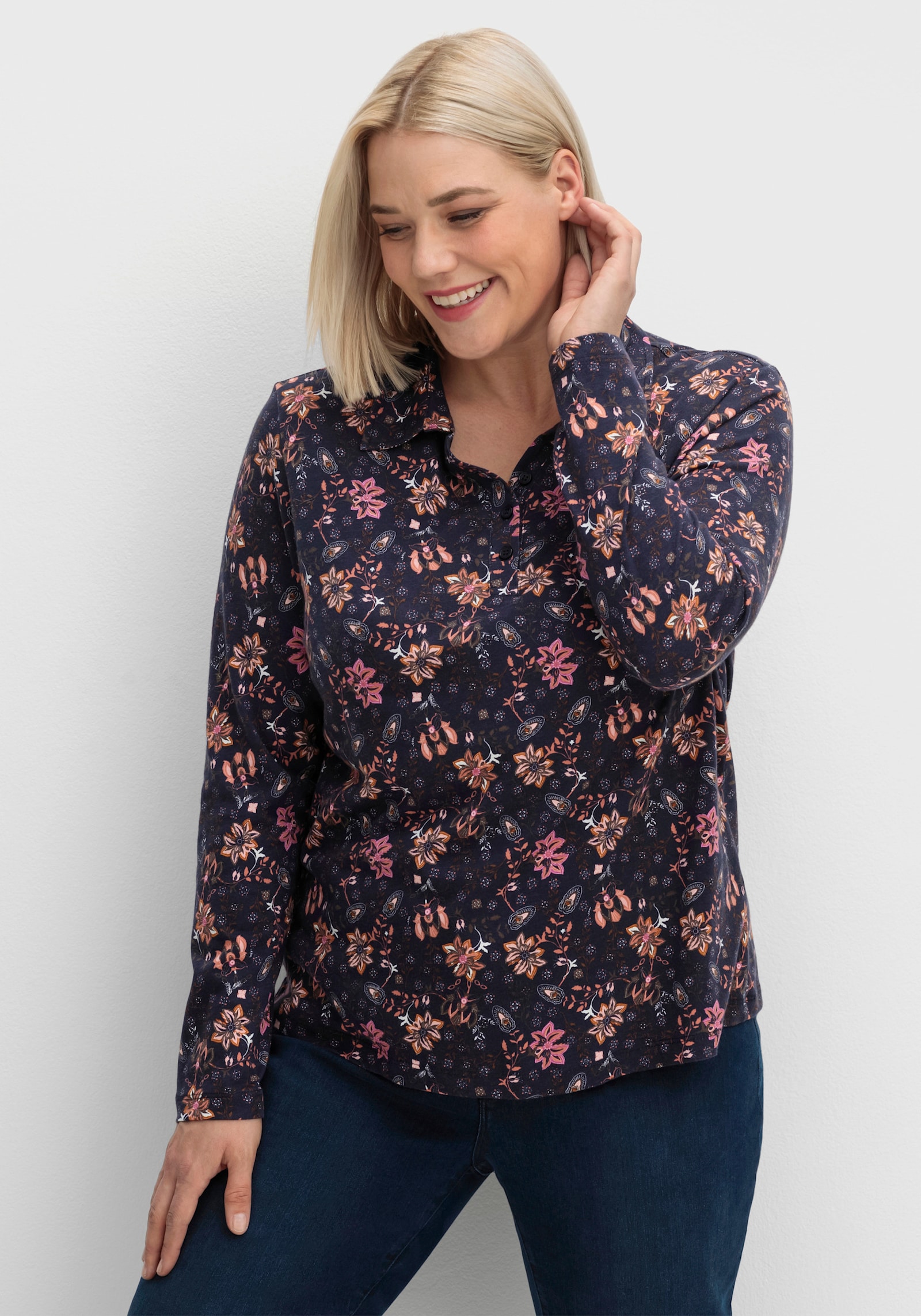 Print-Shirt mit Hemdkragen - marine-rosenquarz-bedruckt