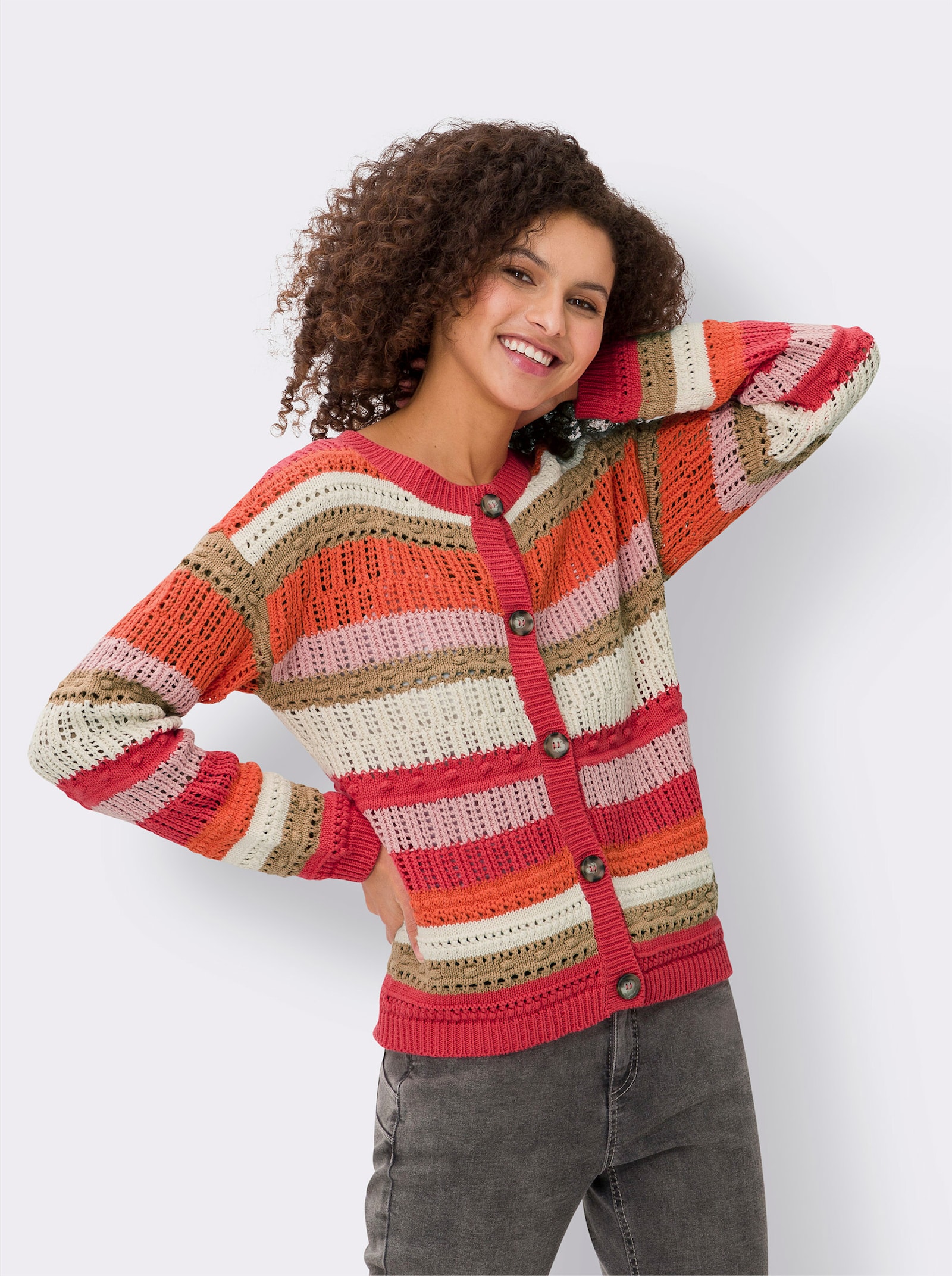 heine Ajourvest in handgebreide look - oranje/champagne gedessineerd