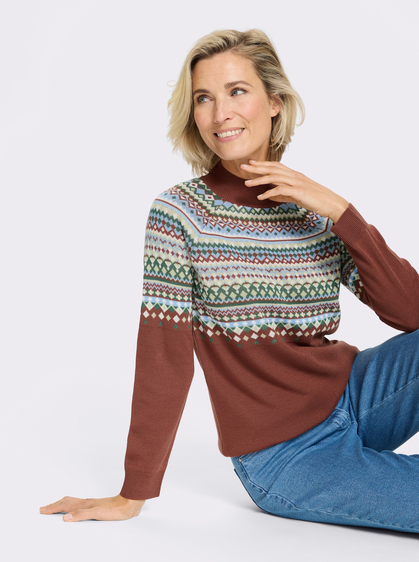 Norwegerpullover mit Raglan-Ärmeln - rotbraun-himmelblau-gemustert