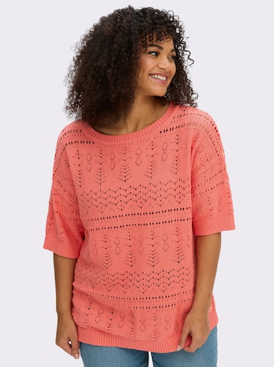 sheego Kurzarmpullover aus Ajourstrick - koralle