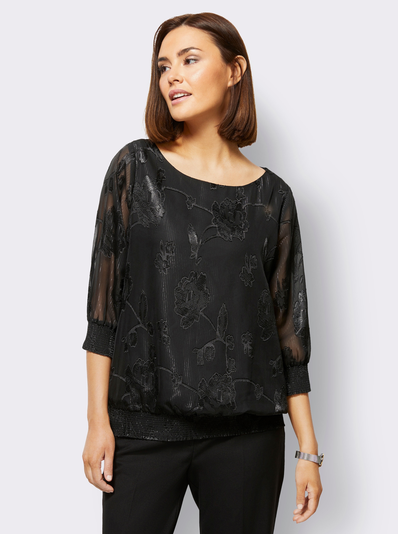 Schlupfbluse zweilagig verarbeitet, floral - schwarz