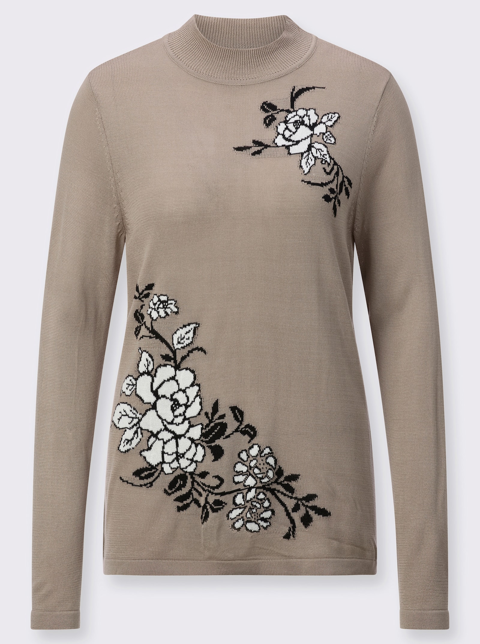 Pulóver so stojačikom a kvetovaným intarzovaným vzorom - sezamová