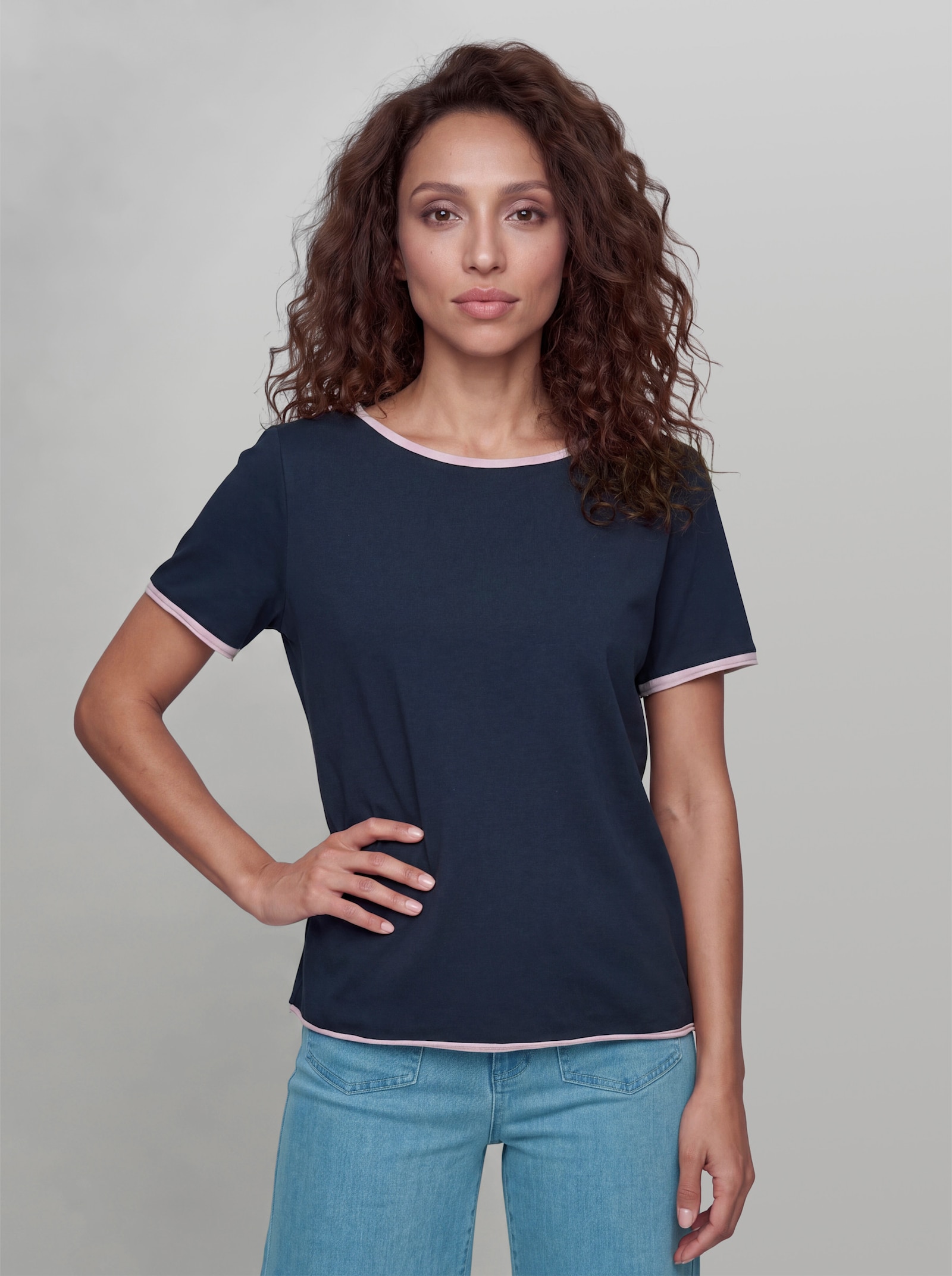 heine Kurzarmshirt mit Rollkanten - marine-rosé