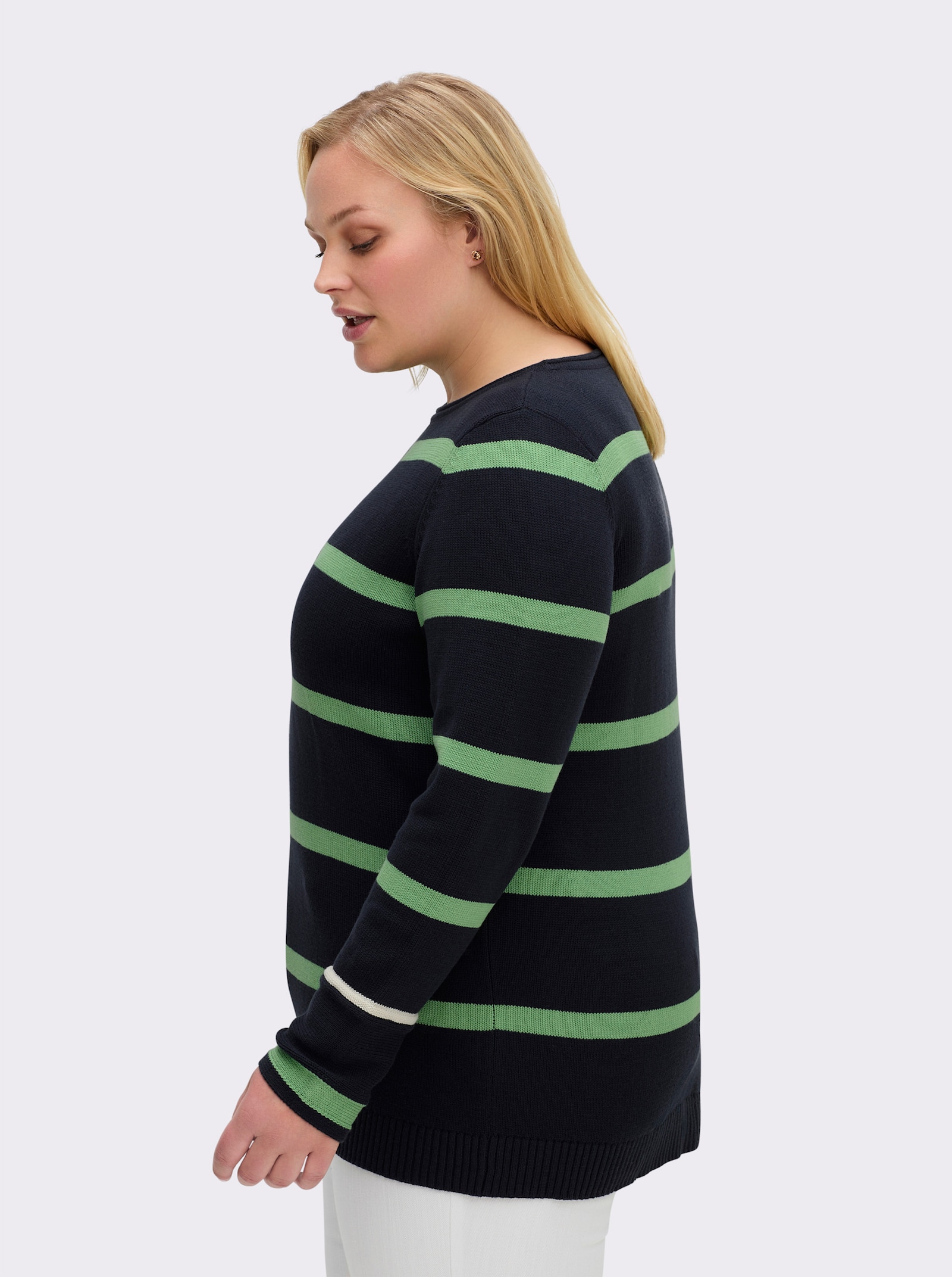 sheego Pullover mit Kontraststreifen - tiefblau-apfel-geringelt