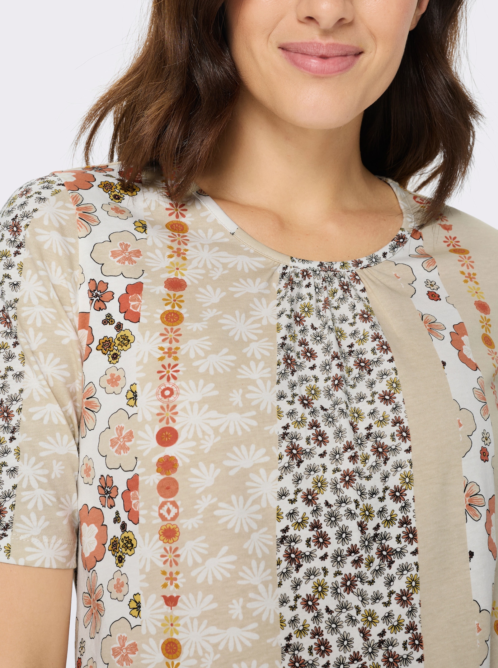 Longshirt mit Halbarm - ecru-papaya-bedruckt