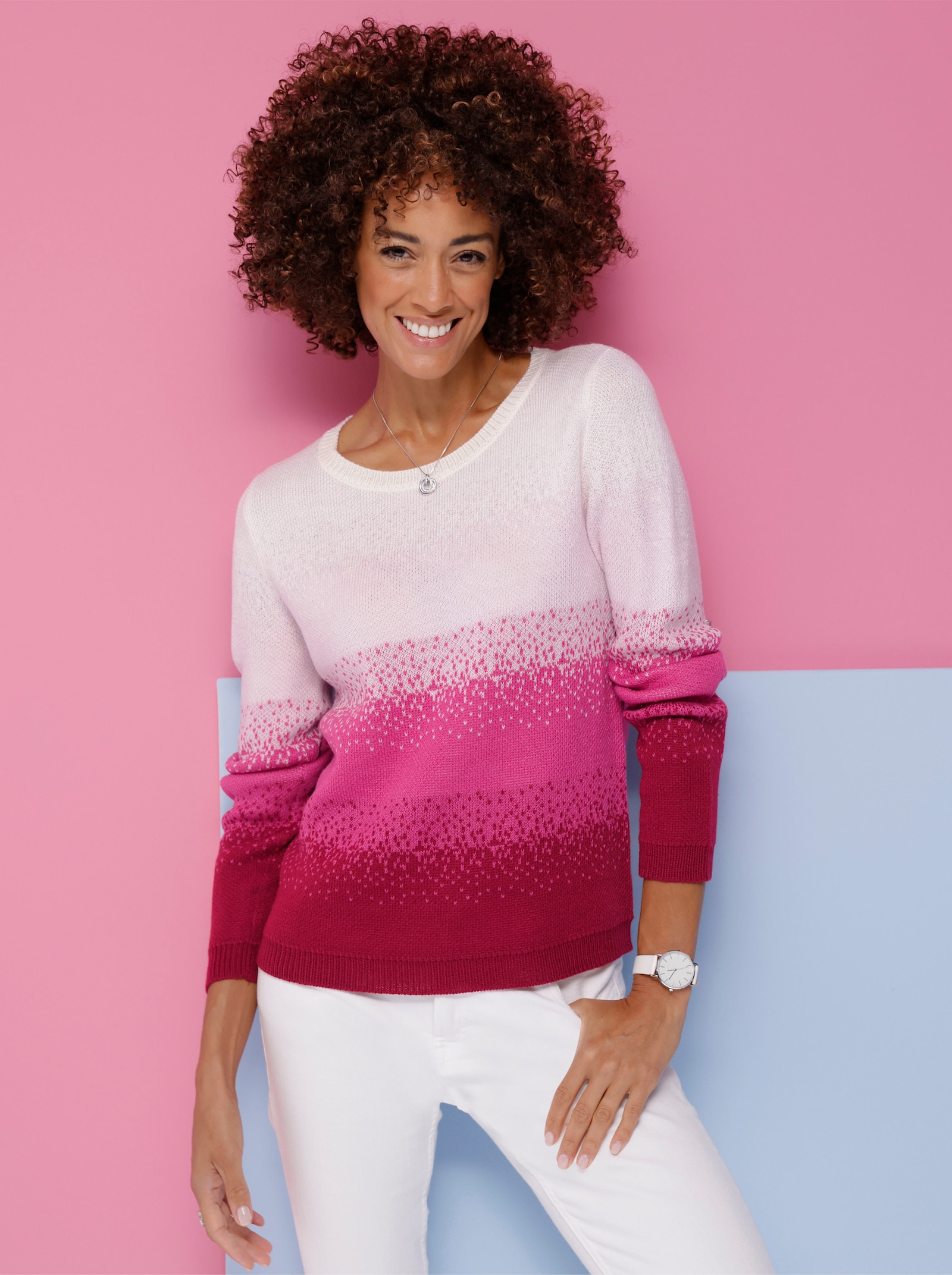 Pullover met ronde hals en kleurverloop - fuchsia/ecru gedessineerd