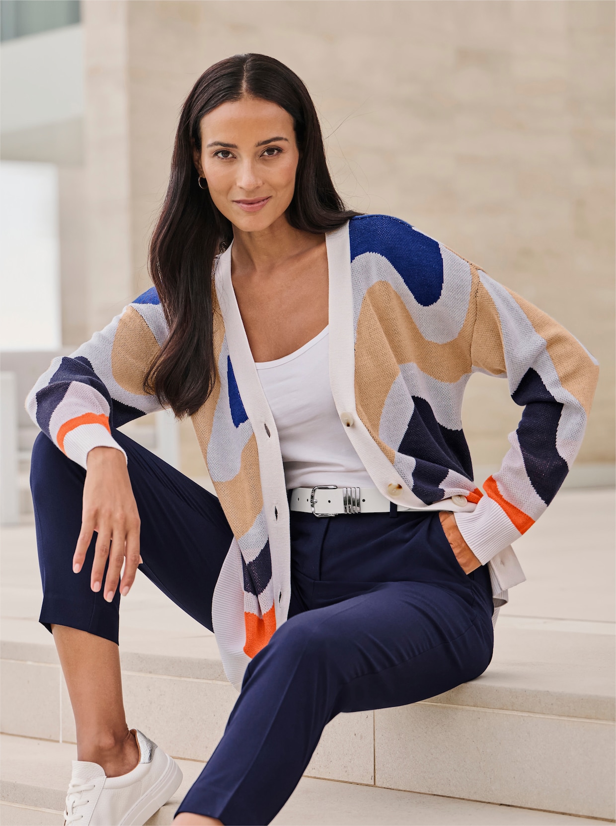 heine Jacquardstrickjacke - ecru-marine-gemustert