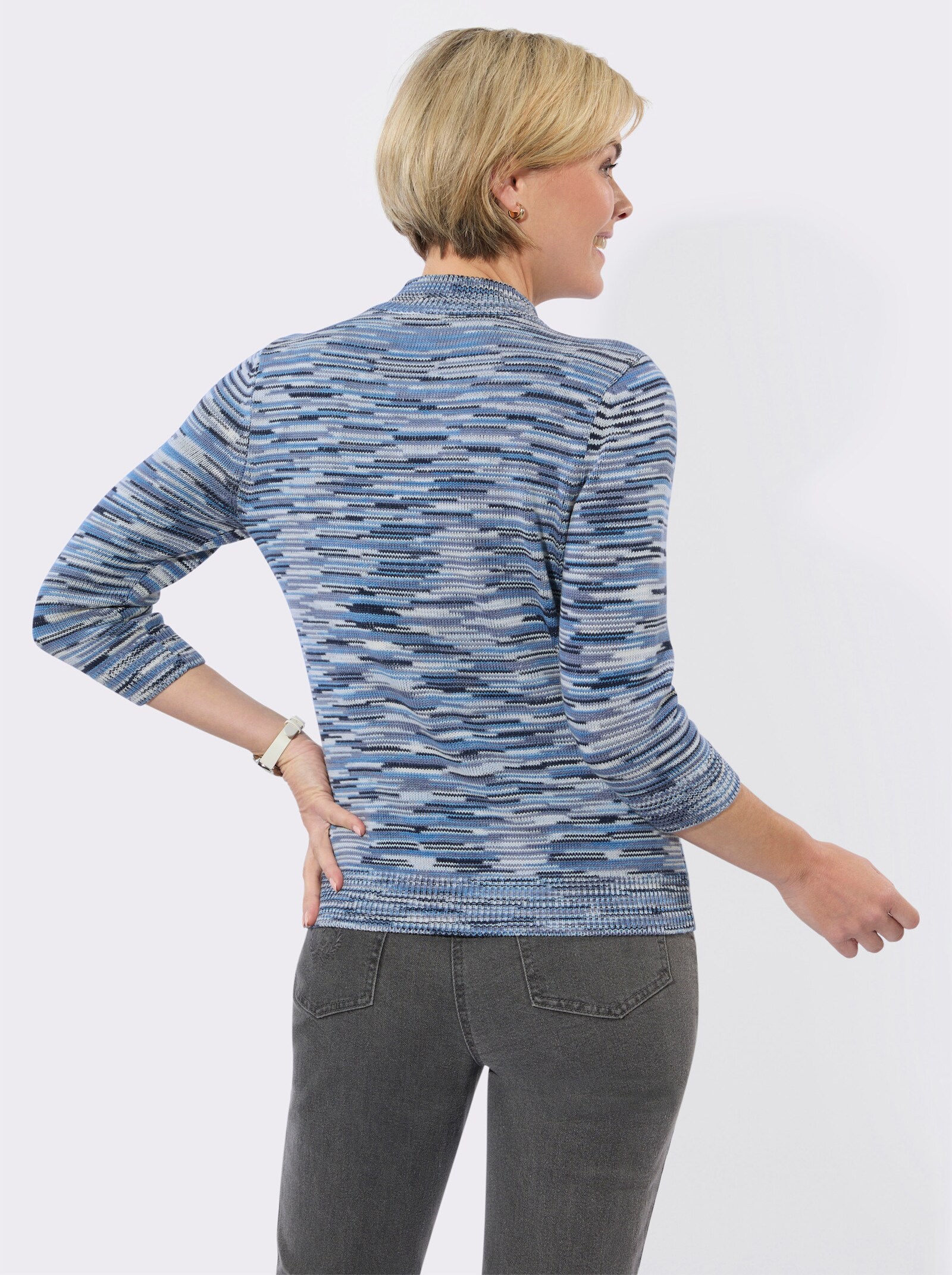 Stehkragenpullover in Melange-Optik - weiß-marine-meliert