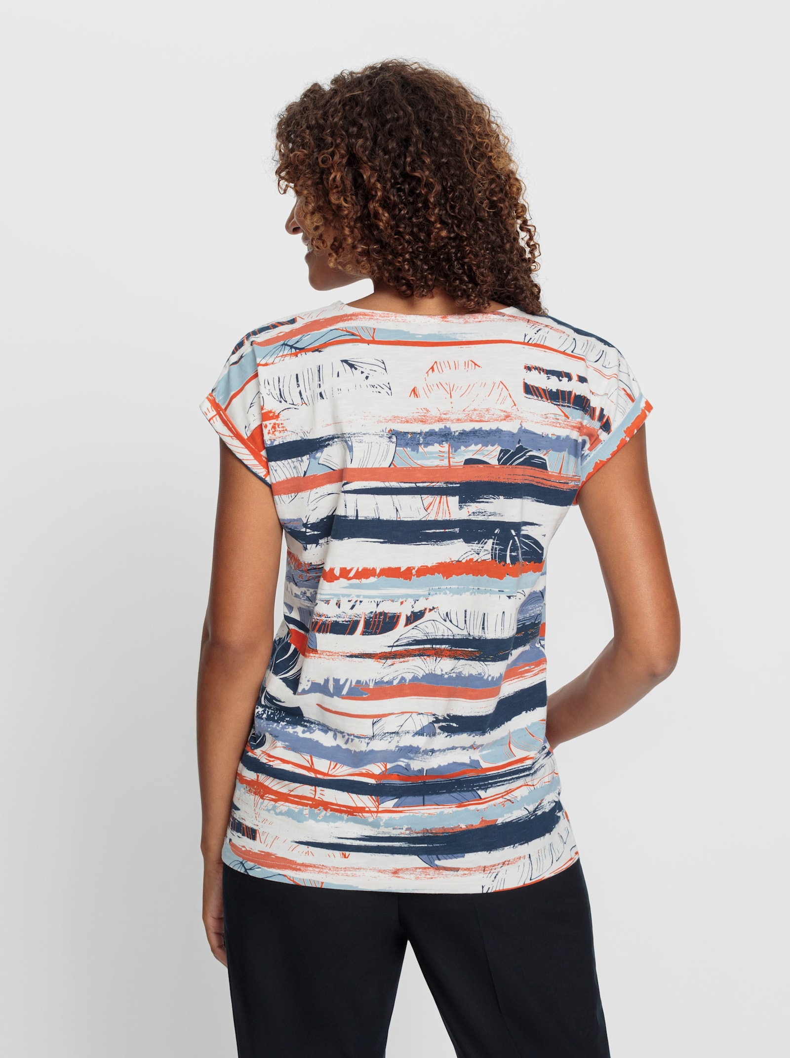 T-shirt imprimé avec ourlet arrondi devant - bleu foncé-papaye imprimé