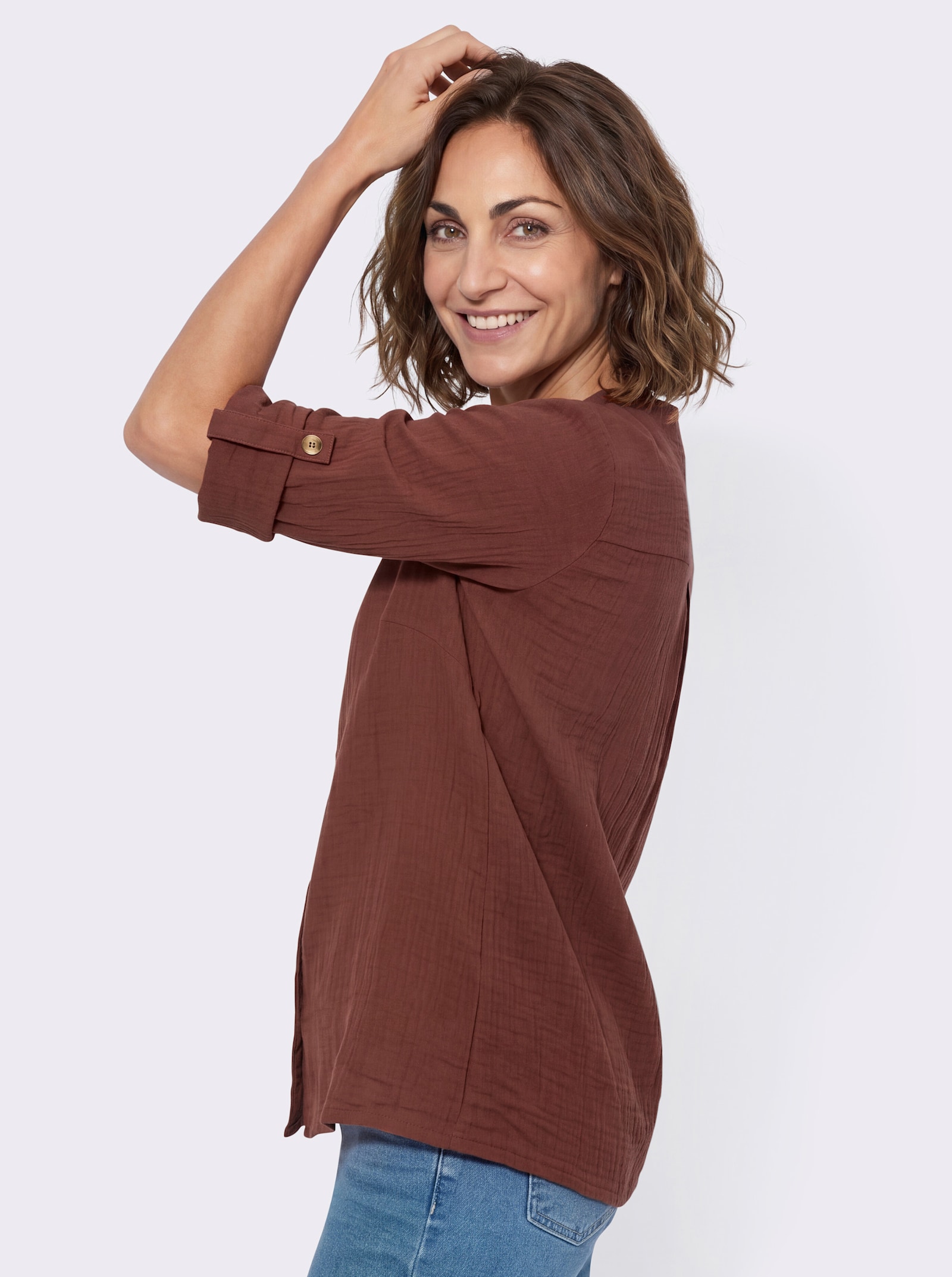 3/4-Arm-Bluse mit Krempelfunktion - rotbraun
