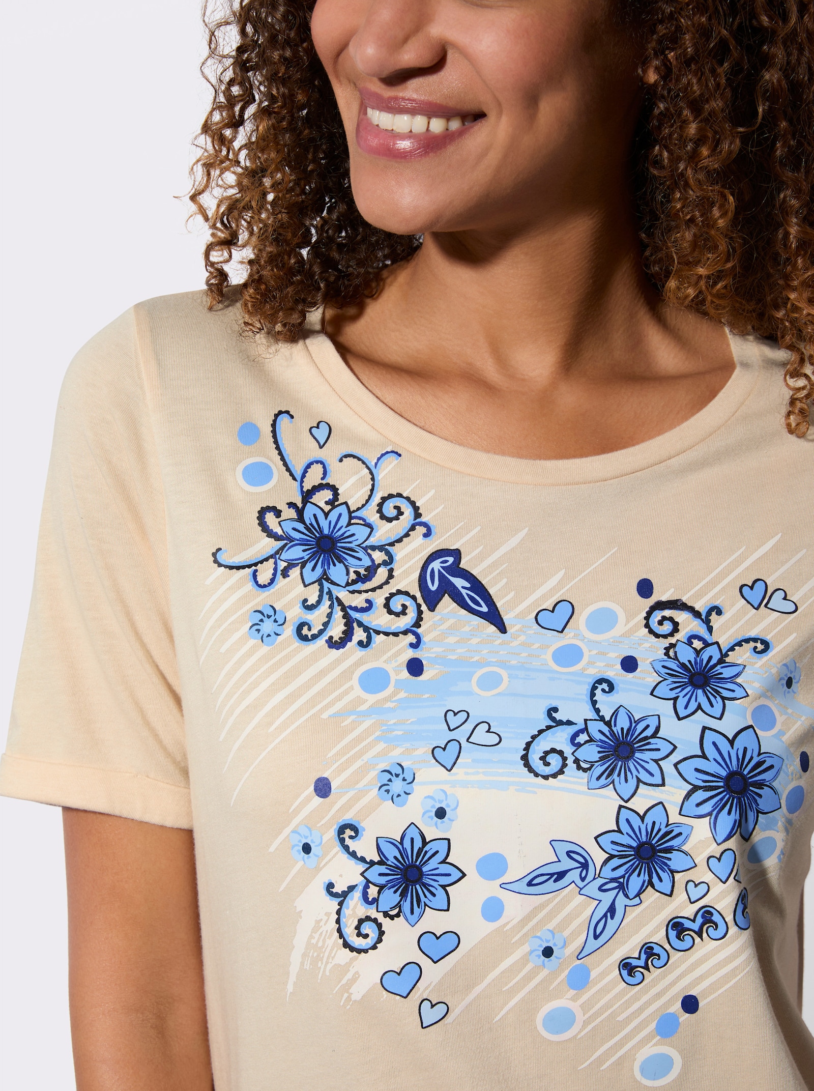 Kurzarmshirt - elfenbein-royalblau-bedruckt