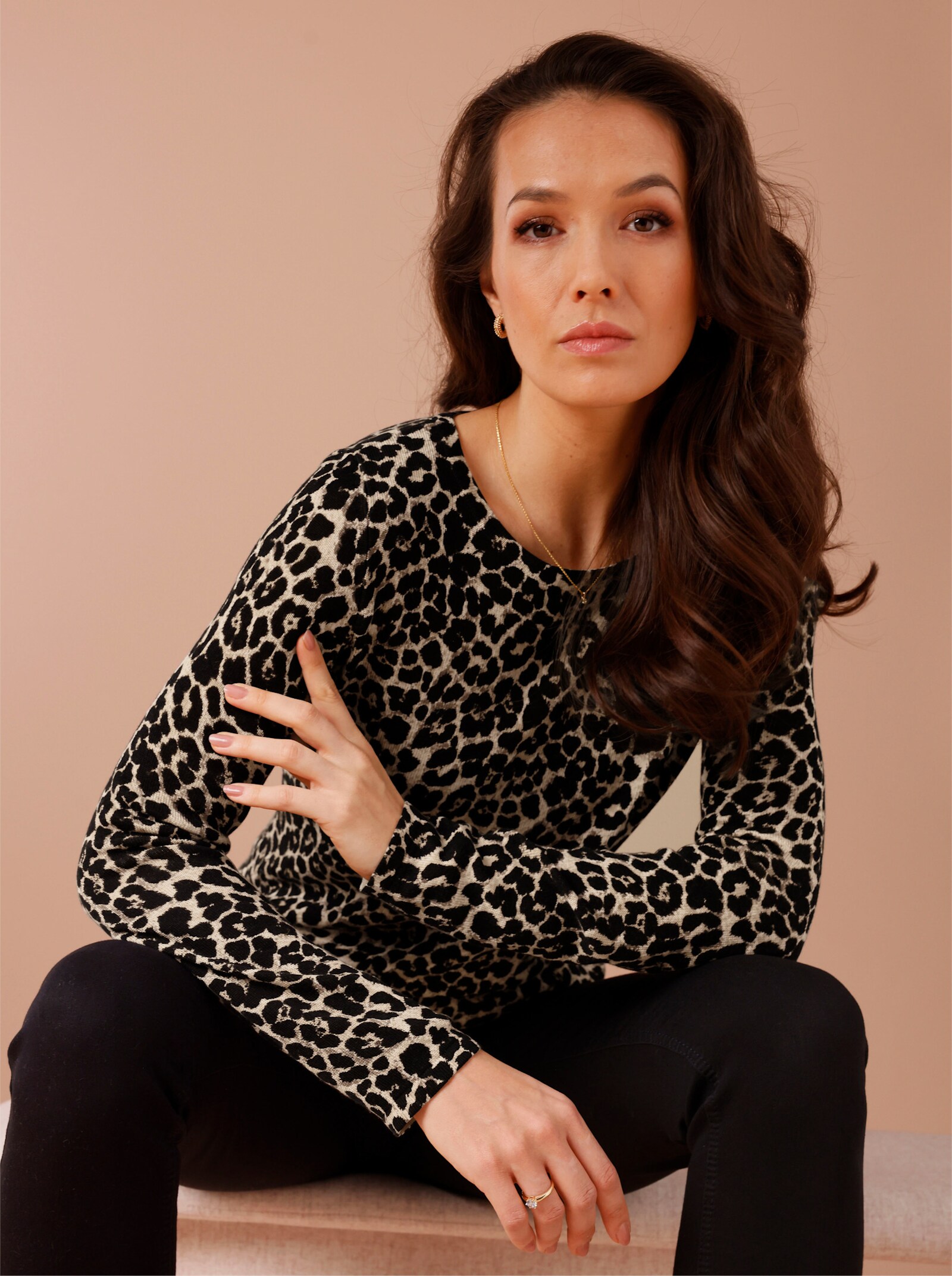 CREATION L PREMIUM Feinstrickpullover mit Wolle - elfenbein-schwarz-bedruckt