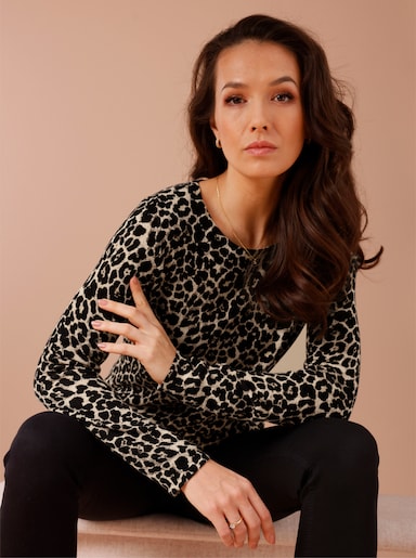 CREATION L PREMIUM Feinstrickpullover mit Wolle - elfenbein-schwarz-bedruckt