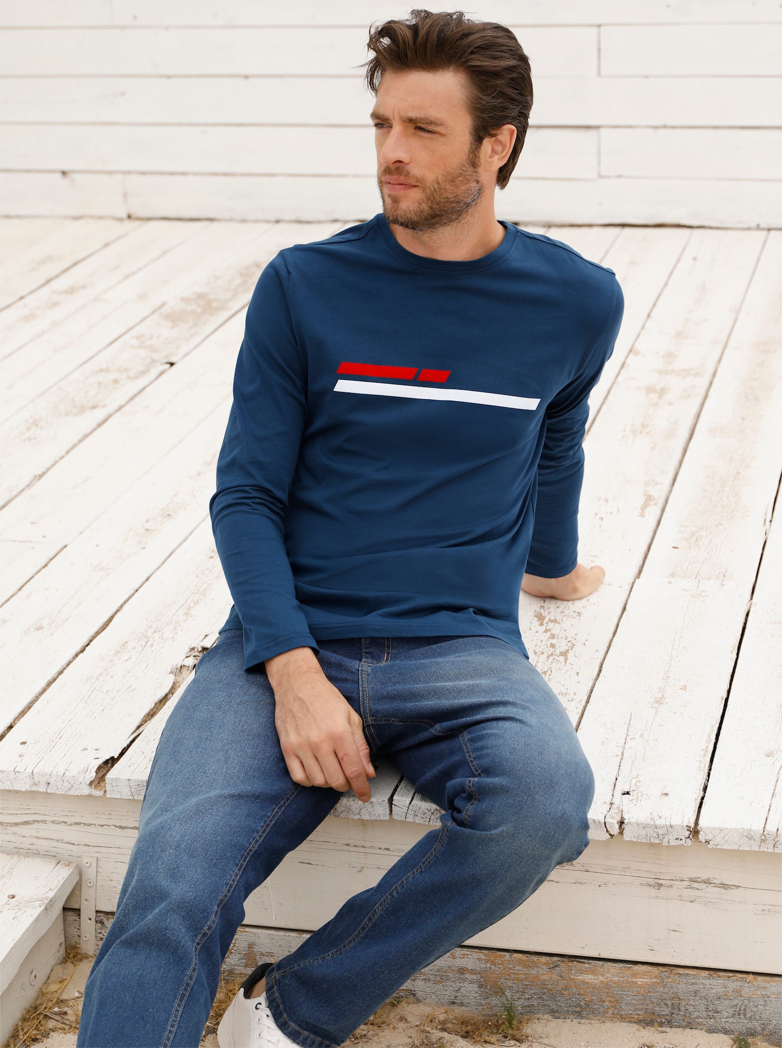 Catamaran Langarmshirt mit Streifen-Print vorne - dunkelblau