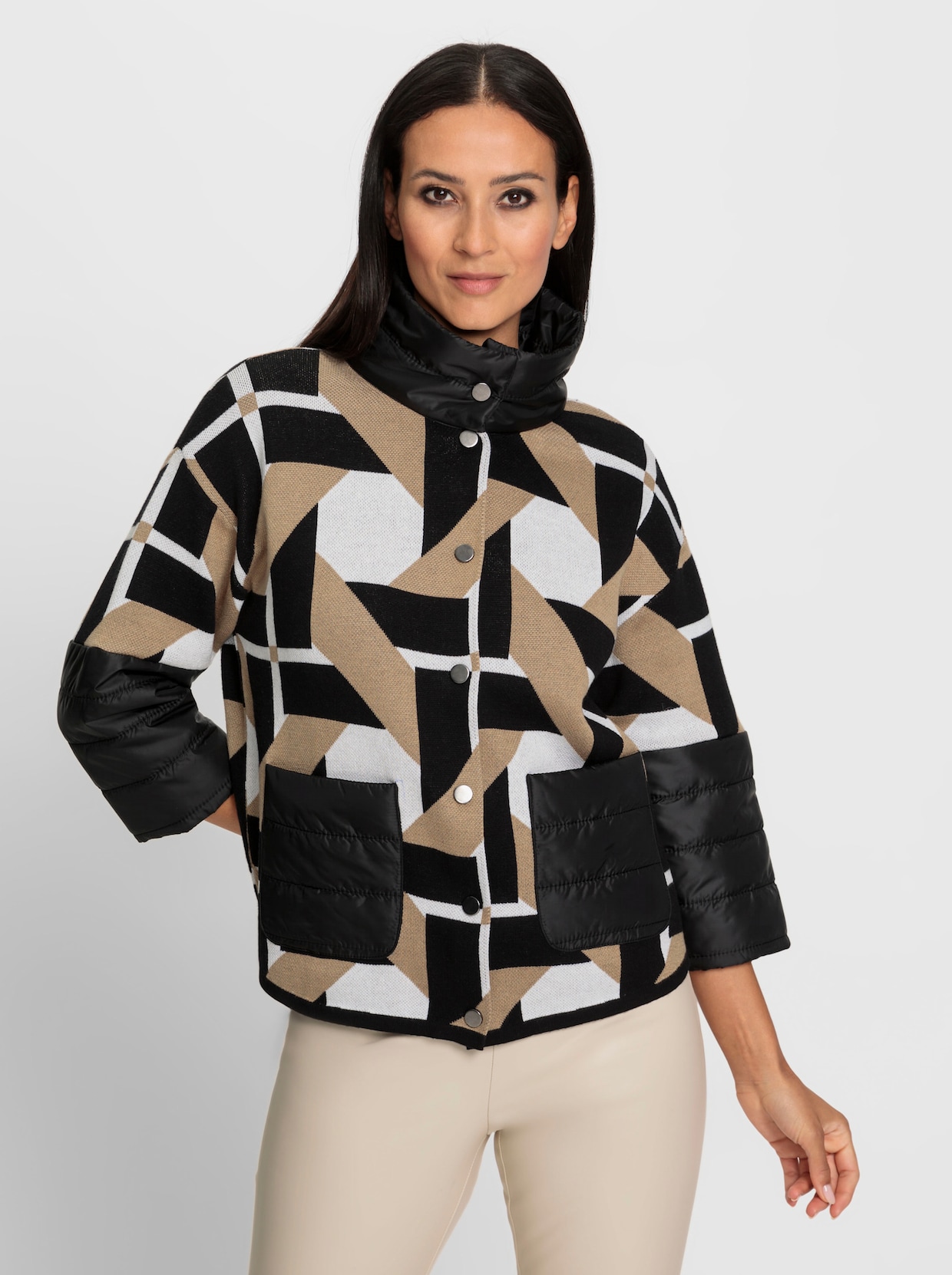 heine Jacquardvest - zwart/camel gedessineerd