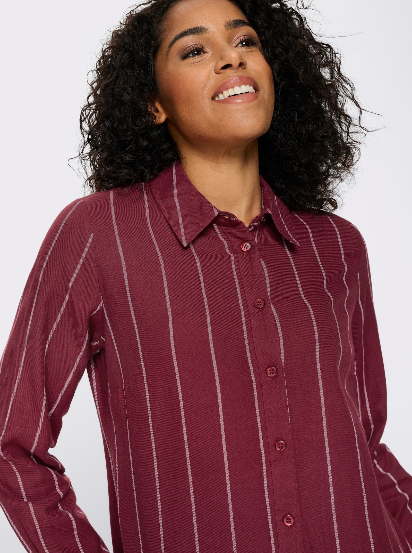 Longbluse im Streifen-Dessin - dunkelrot-ecru-gestreift