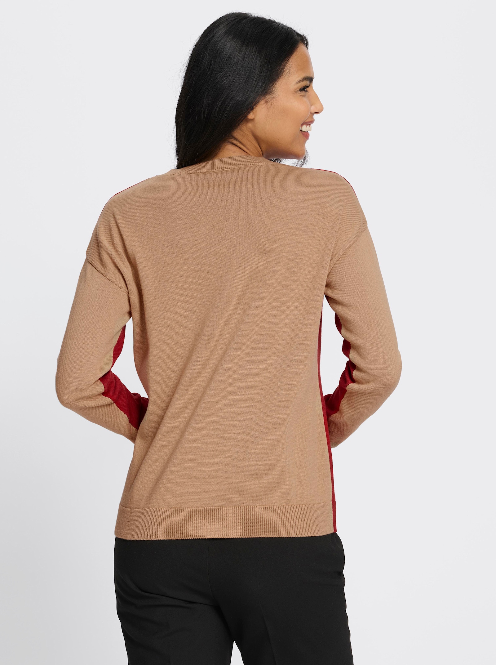 Rundhalspullover mit Kontrasten - rot-camel