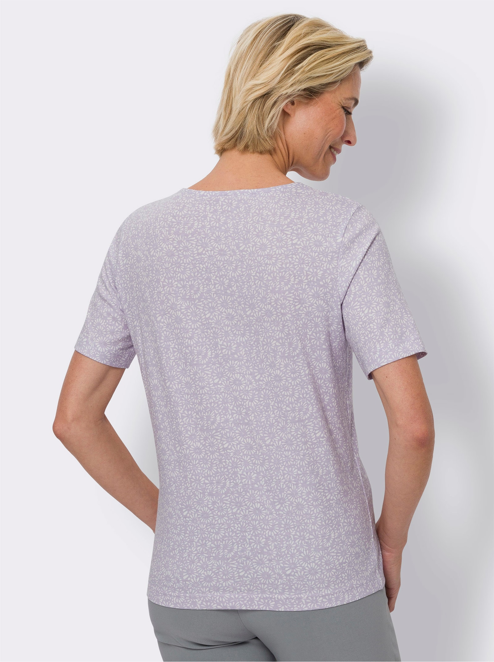 Kurzarmshirt mit Minimal-Floral-Muster - ecru-flieder-bedruckt