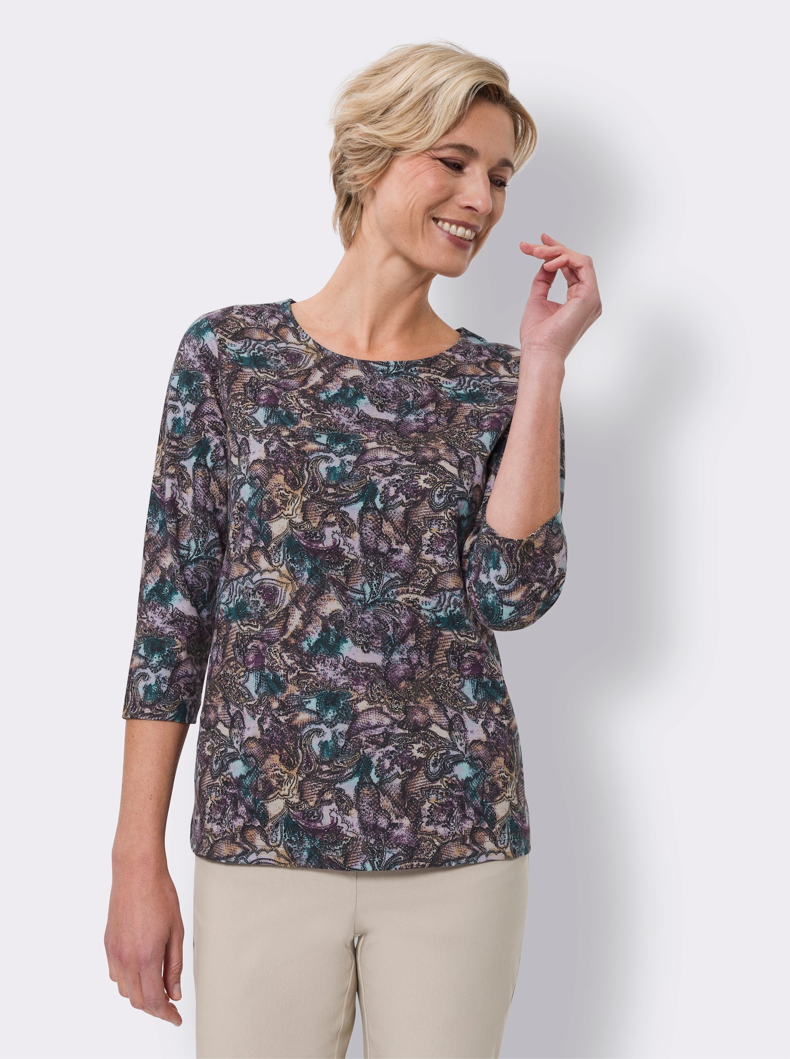 3/4-Arm-Shirt mit Allover-Druck - petrol-schwarz-bedruckt