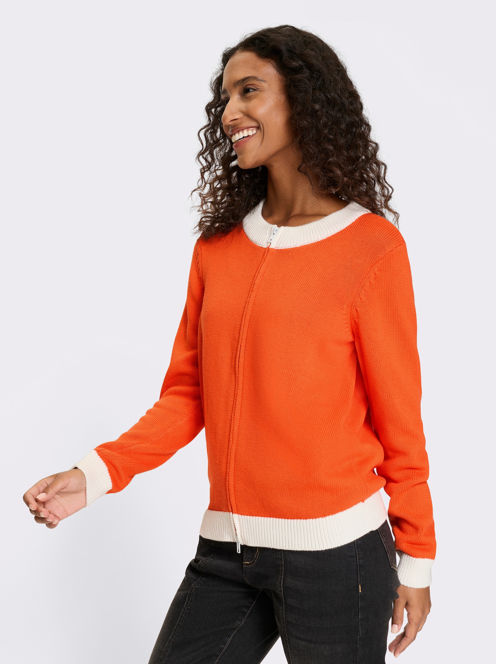 heine Strickjacke mit Blockstreifen - orange-ecru