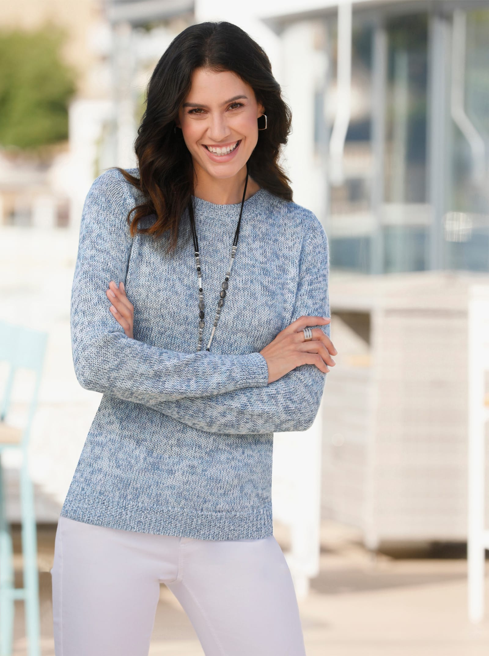 Langarm-Pullover mit Melange-Garn - ecru-jeansblau-meliert