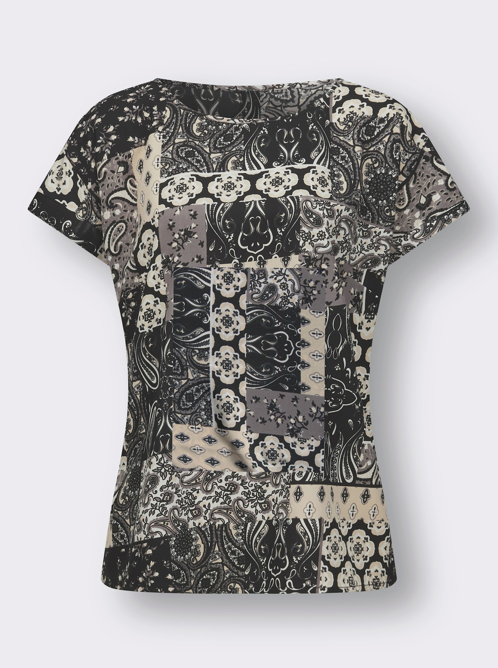 Comfortblouse met print in patchlook - zwart/zand geprint