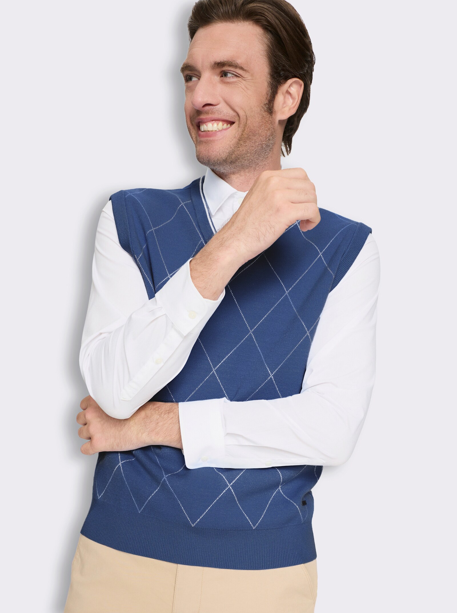 Marco Donati Pullunder mit Rauten-Jacquard - jeansblau-ecru-gemustert