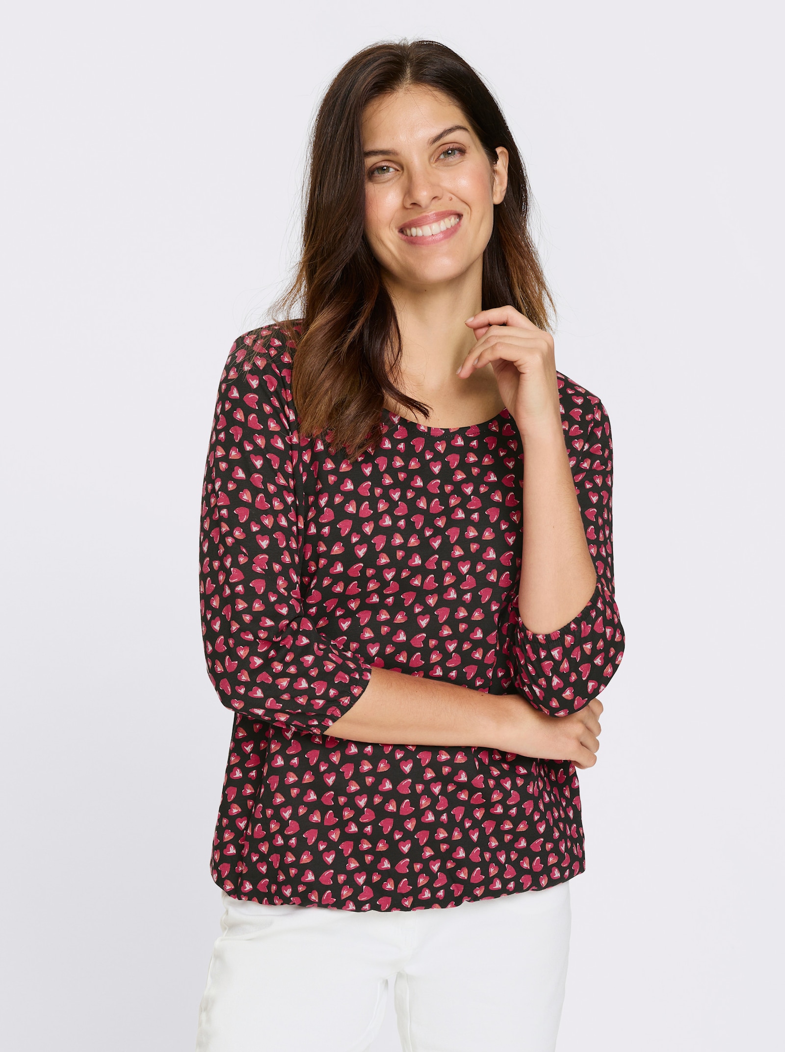 Shirt met 3/4-mouwen en hartjespatroon - zwart/pink geprint
