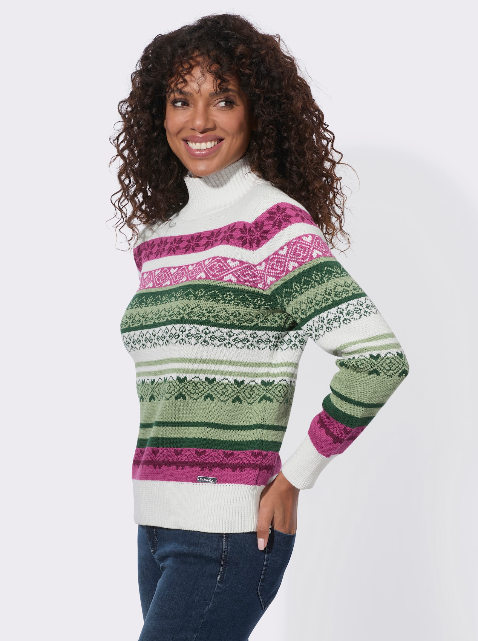 Stehkragenpullover in Norweger-Optik - eucalyptus-bordeaux-gemustert