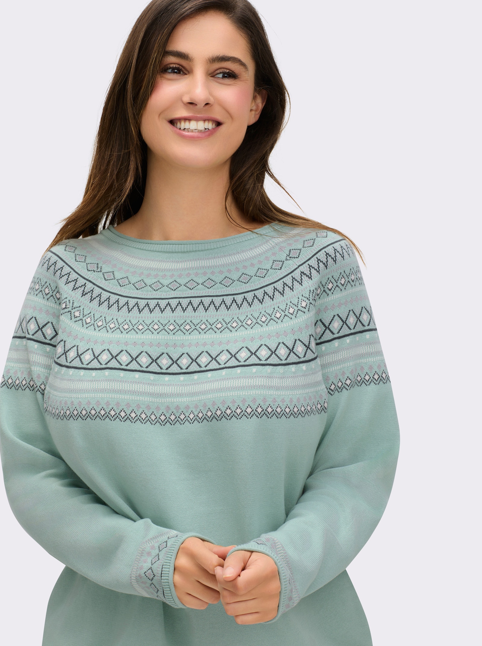 Norwegerpullover aus reiner Baumwolle - mint-gemustert