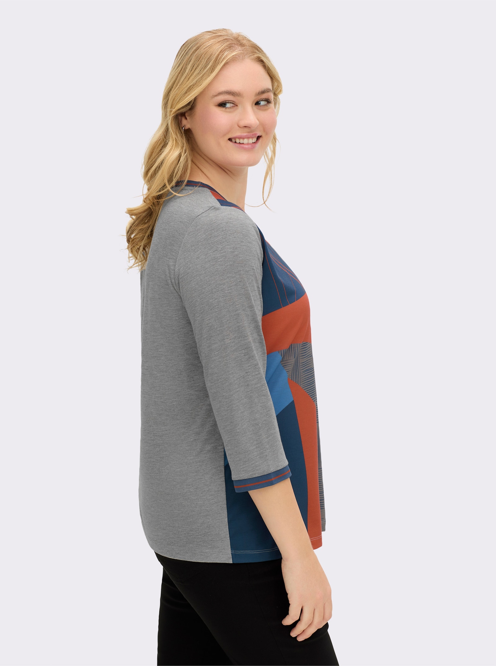 3/4-Arm-Shirt mit Kontrast-Blenden - grau-terra-bedruckt