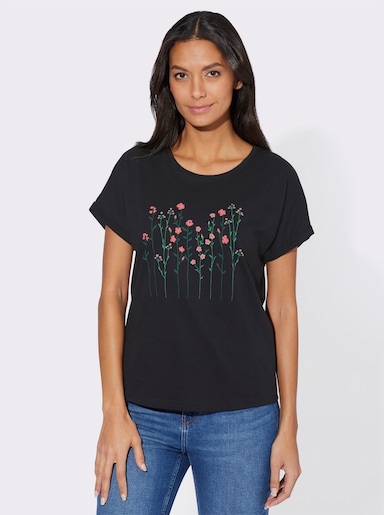 Rundhalsshirt mit Blüten-Dessin - schwarz-bedruckt