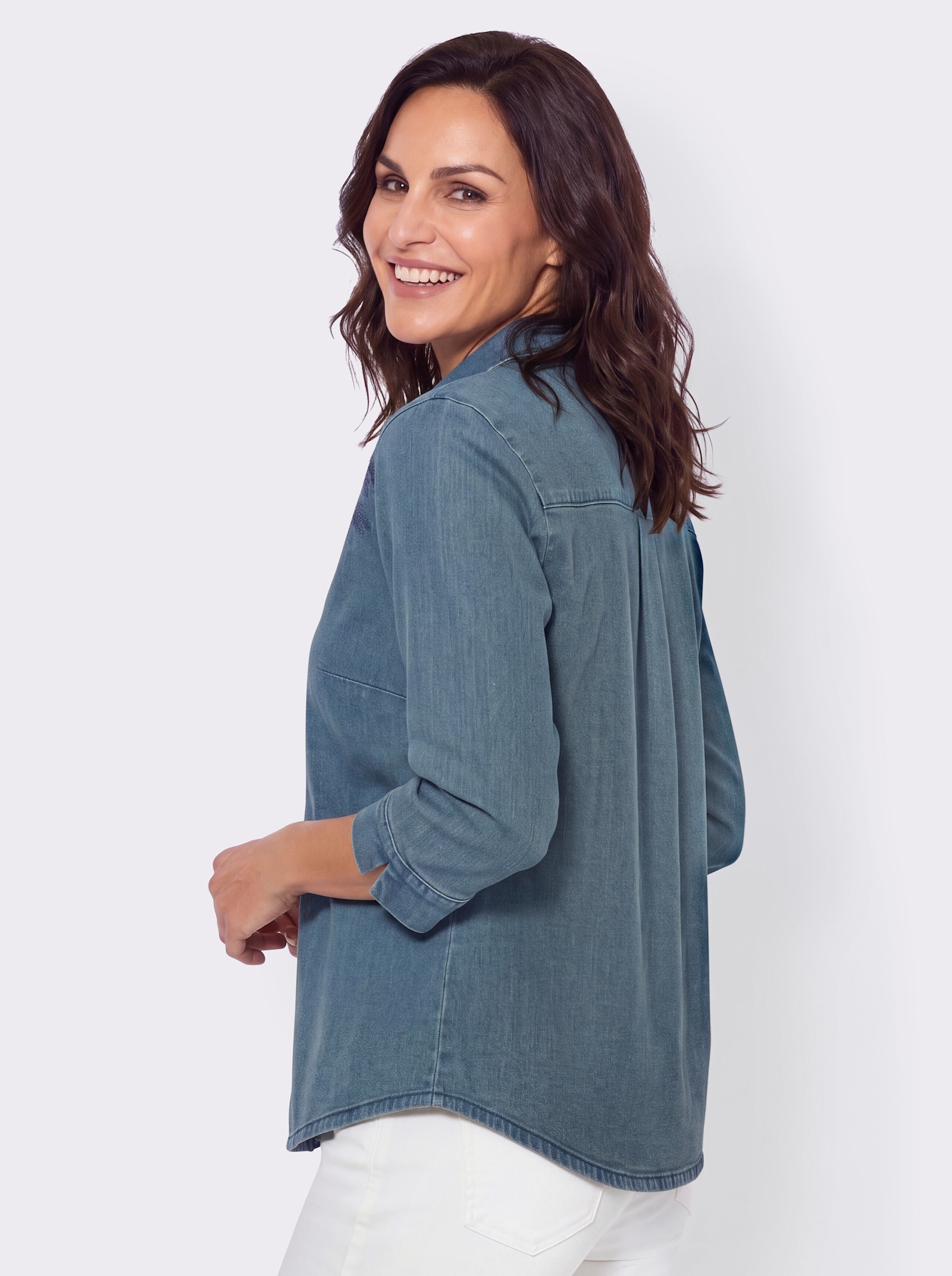 Jeansbluse mit Stickerei - blue-bleached