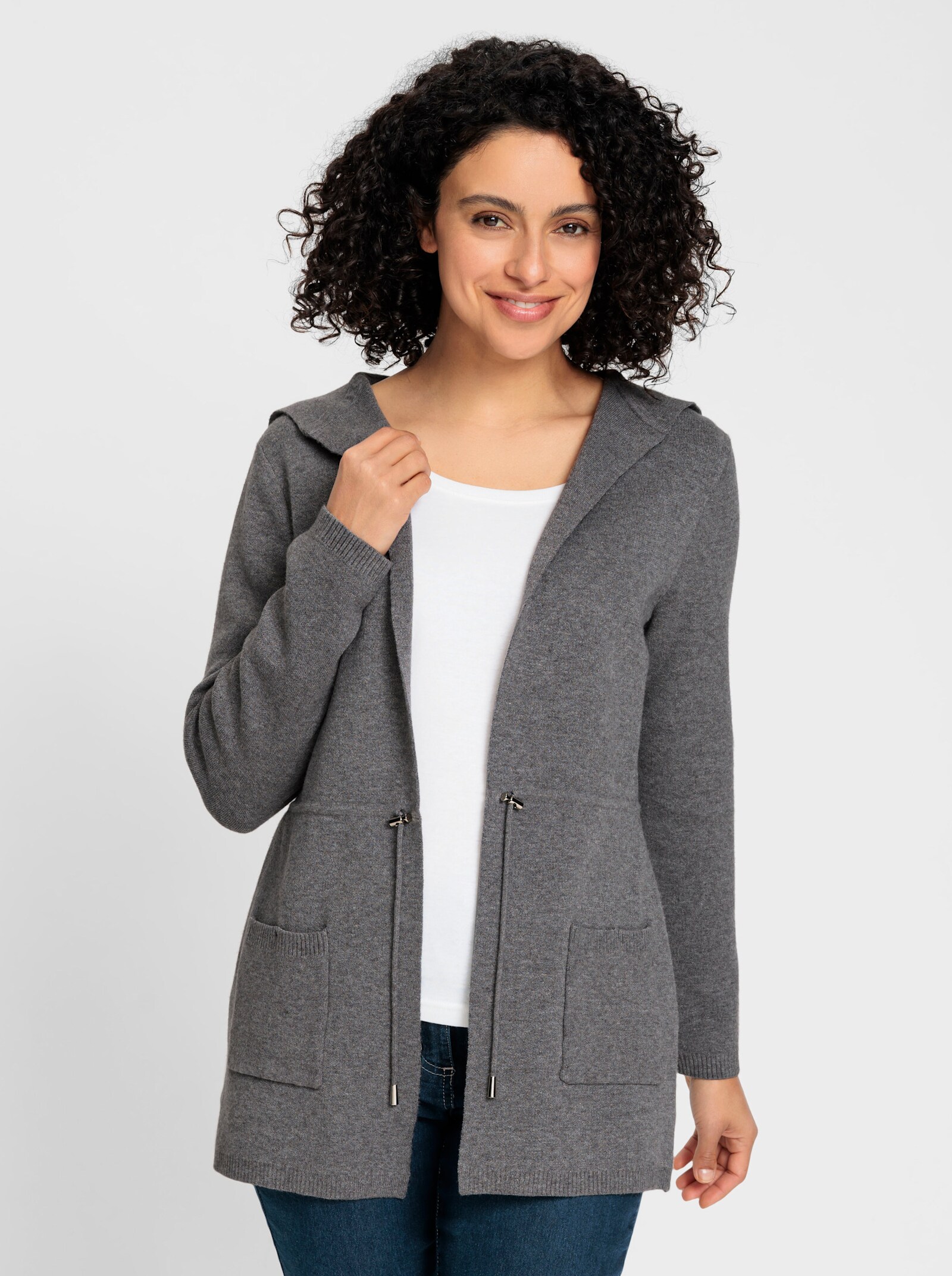 Kapuzenstrickjacke mit Tunnelzug in der Taille - anthrazit-meliert