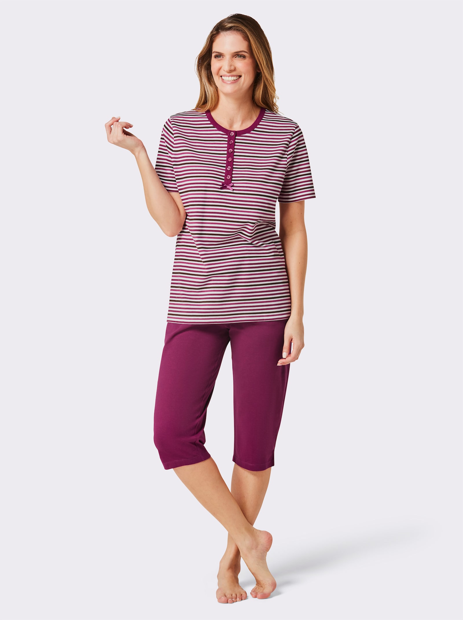 wäschepur Capri pyžamá, gombíková lišta - lila + lila pruhy