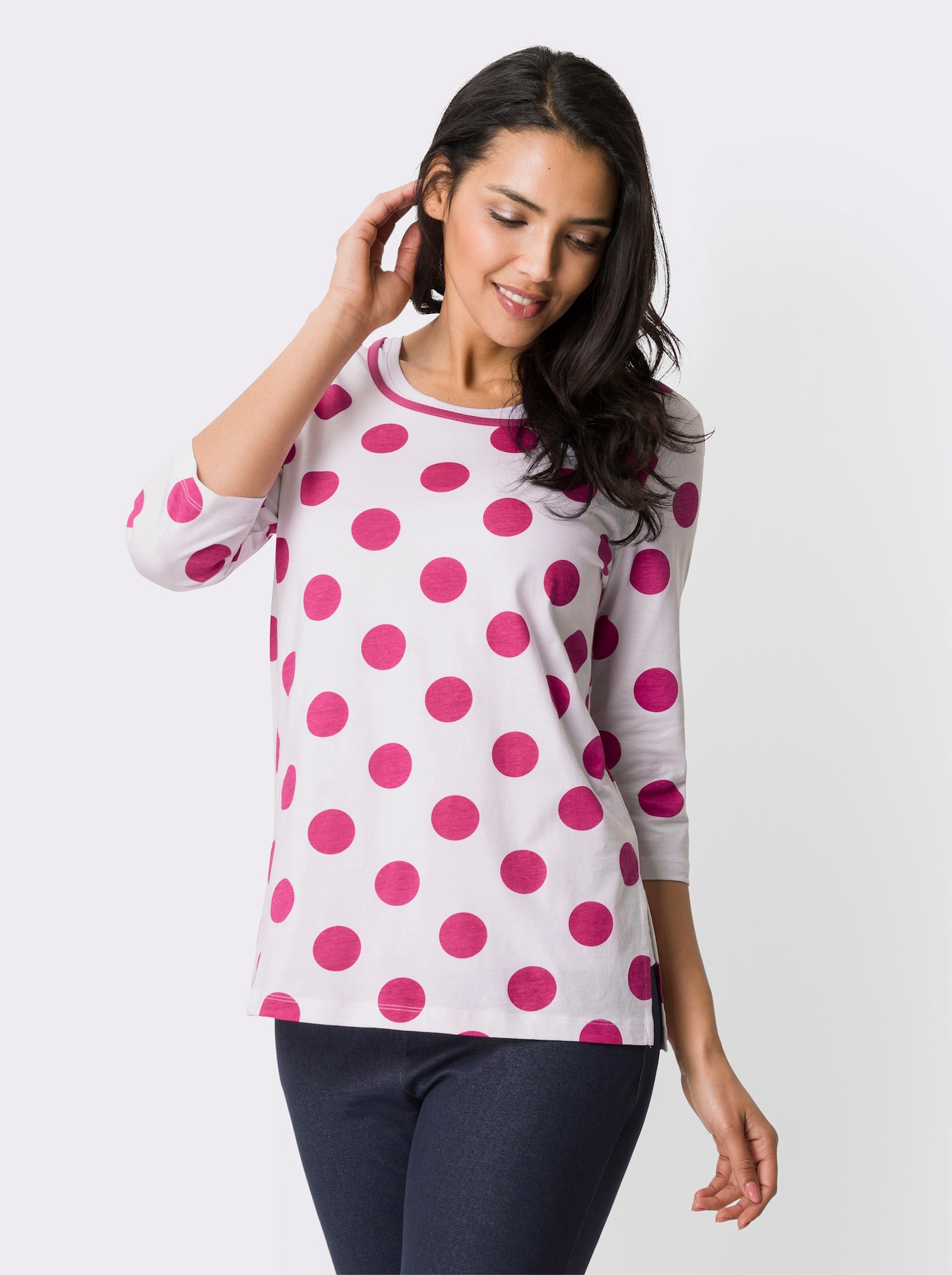 Longshirt in langer Form - ecru-fuchsia-bedruckt