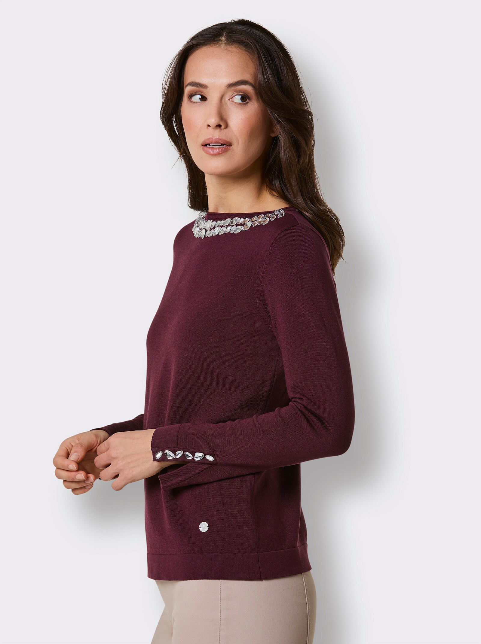 CREATION L PREMIUM Langarm-Pullover mit Strass-Applikationen - burgund
