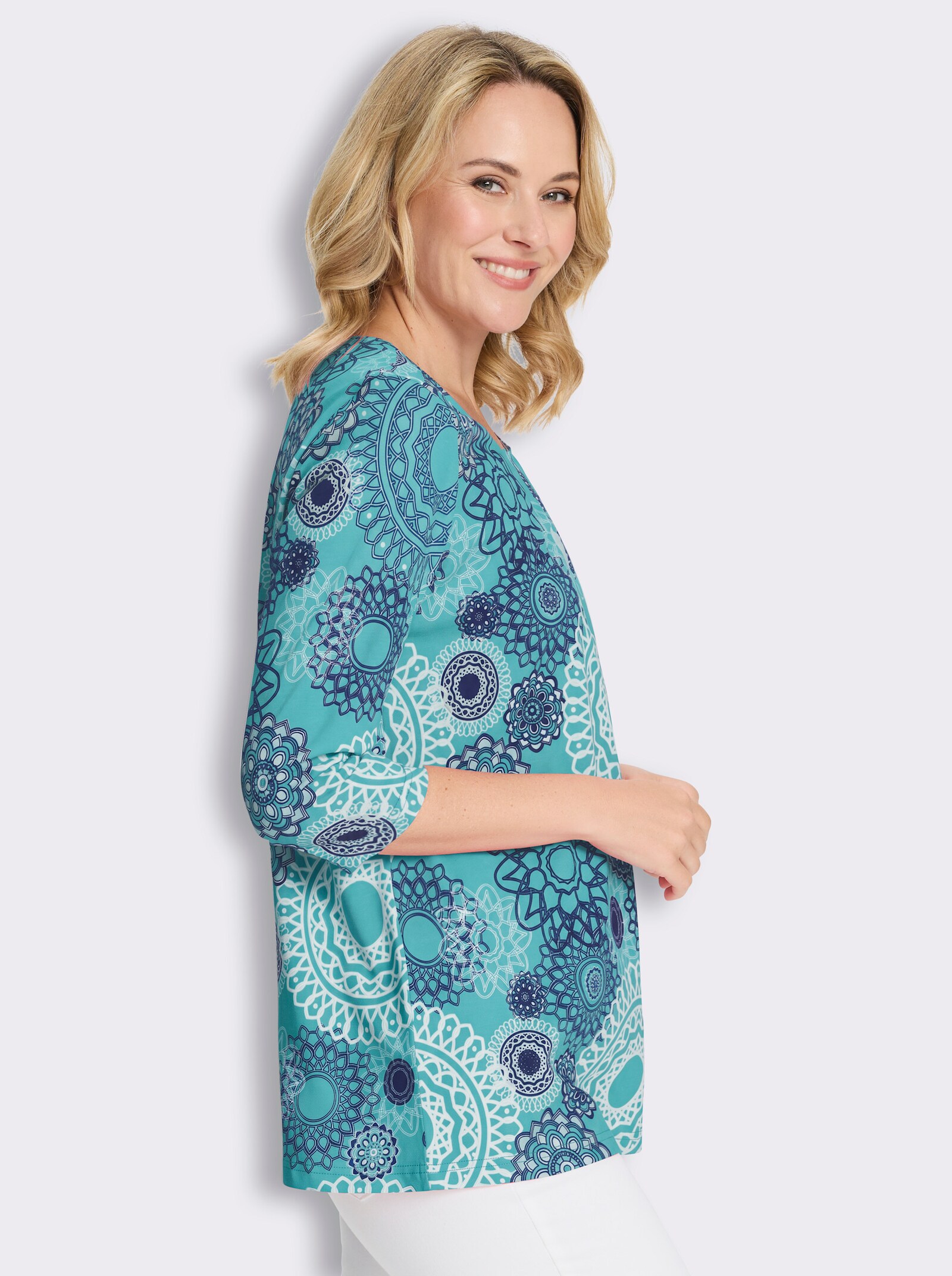 Longshirt mit Falten am Ausschnitt - aquamarin-royalblau-bedruckt