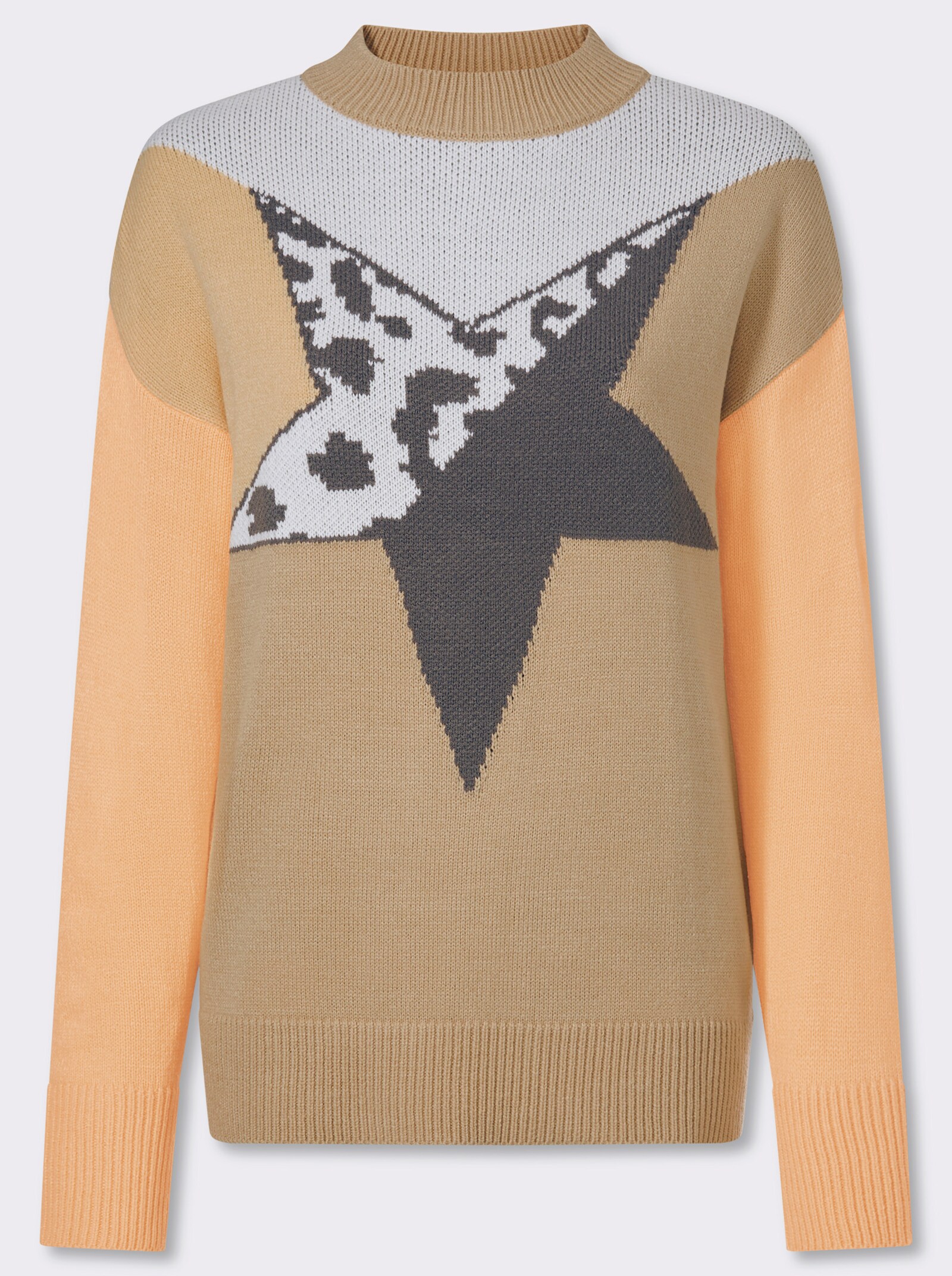 Stehkragenpullover mit überschnittenen Schultern - beige-anthrazit-gemustert